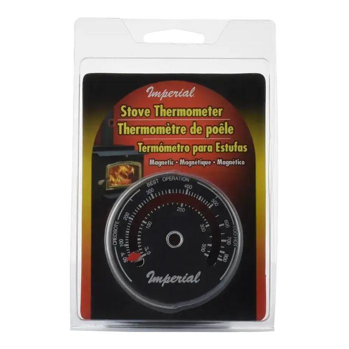 Imperial Magnetic Stove Thermometer in packaging for single wall stove pipes displaying temperature in multiple languages.