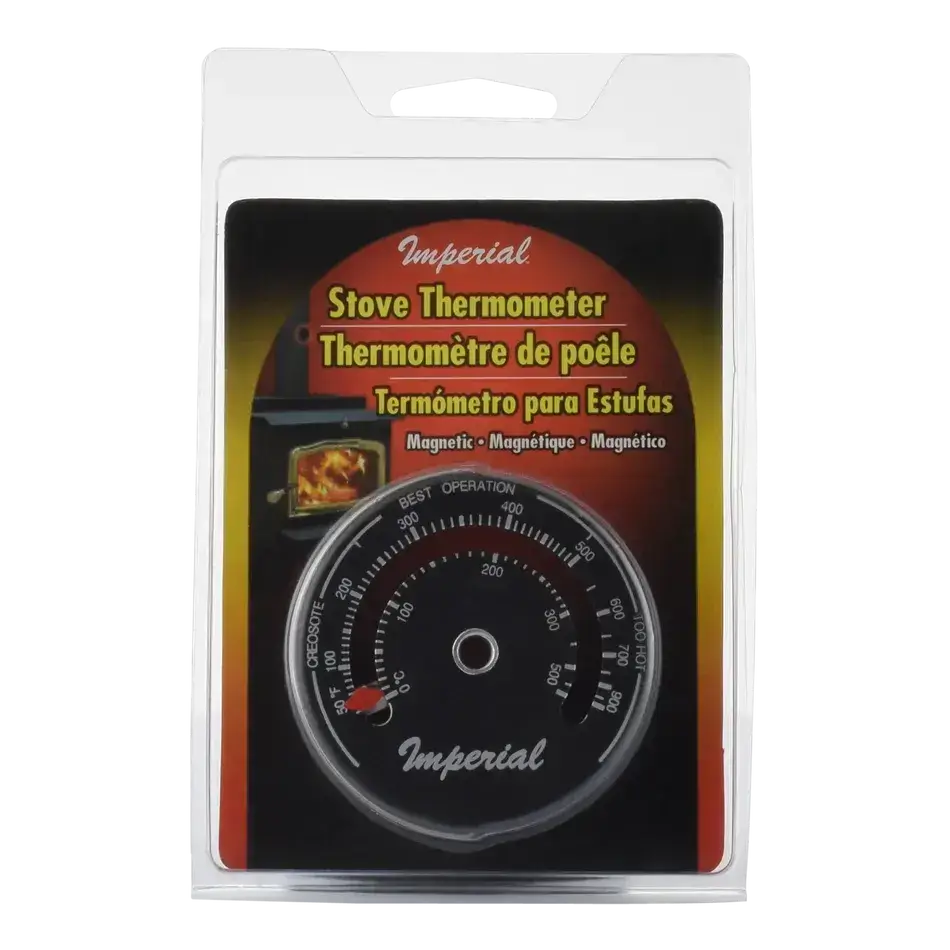 Imperial Magnetic Stove Thermometer packaging by Cabin Depot, designed for single wall stove pipes to easily measure temperatures.