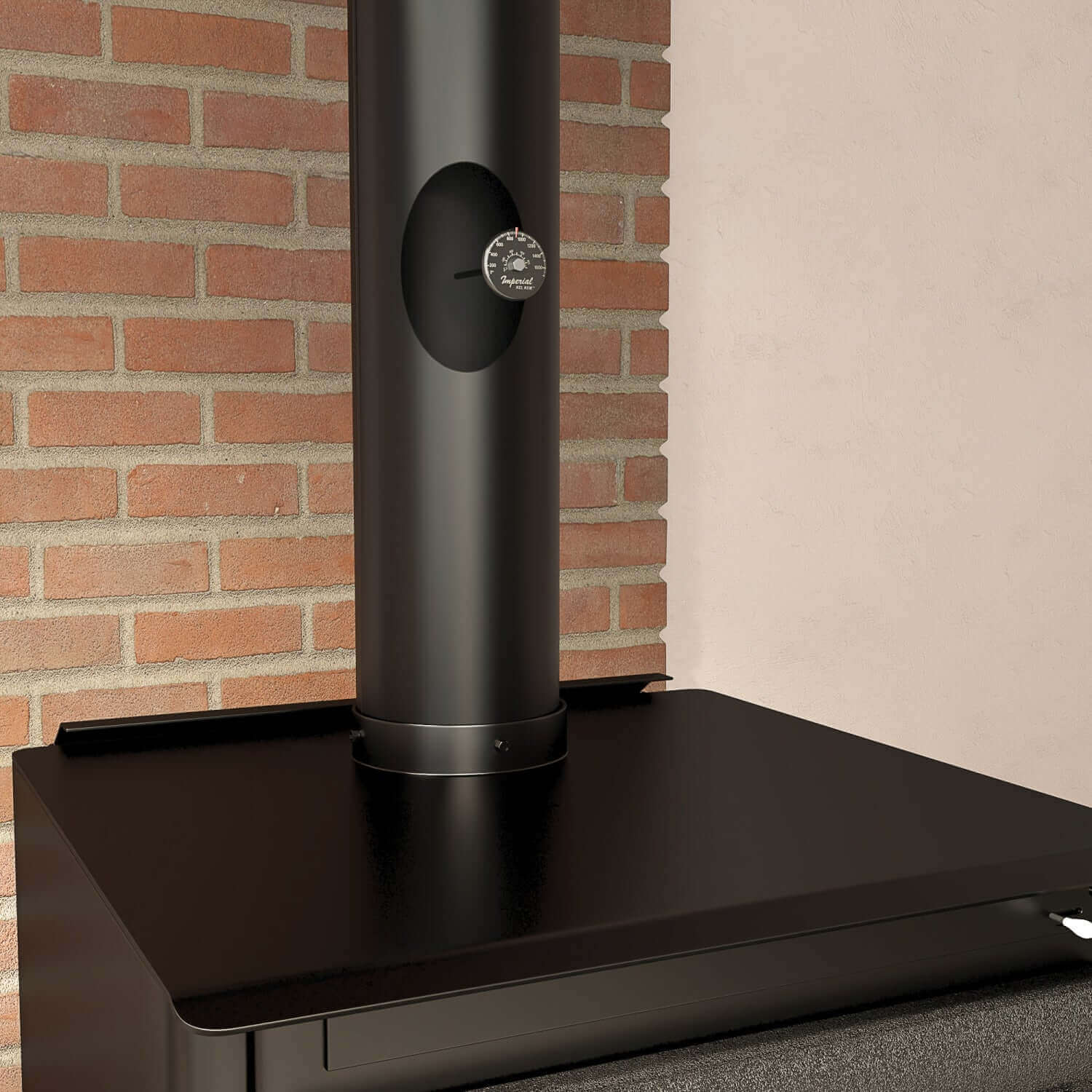 Imperial Flue Gas Probe Thermometer with magnetic mount on stove pipe, measuring chimney temperature. Available at Cabin Depot.