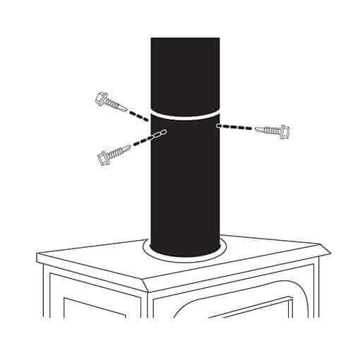 Diagram of HEX Stove Pipe Screws attaching stove pipe sections, featuring oxidized steel and zinc plated black finish, sold at Cabin Depot.
