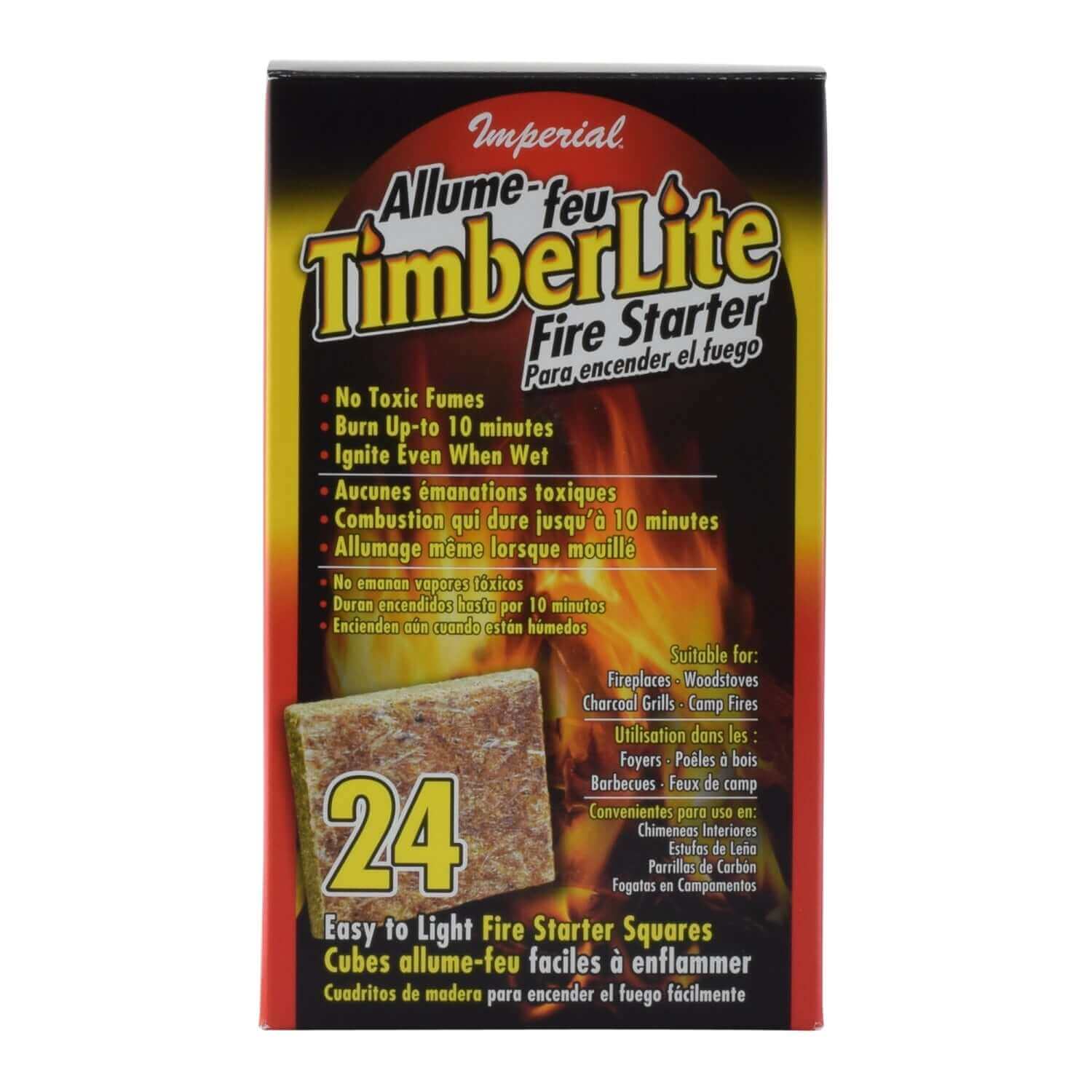 Imperial TimberLite Firestarter 24 squares packaging, easy light fire starter for fireplaces, stoves, grills, by Cabin Depot.