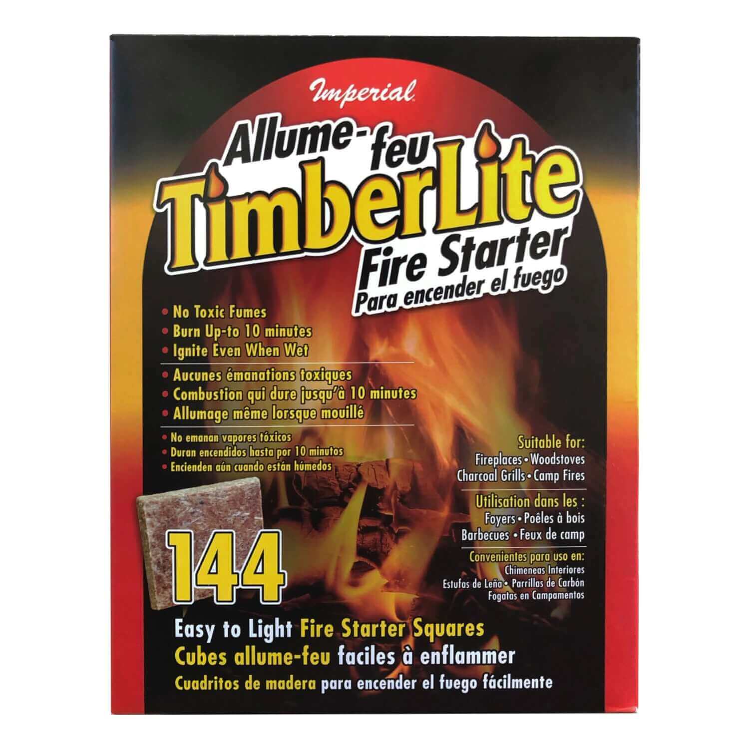 Imperial TimberLite Firestarter 144 Squares, safe fire starter for fireplaces, wood stoves, grills, available at Cabin Depot.