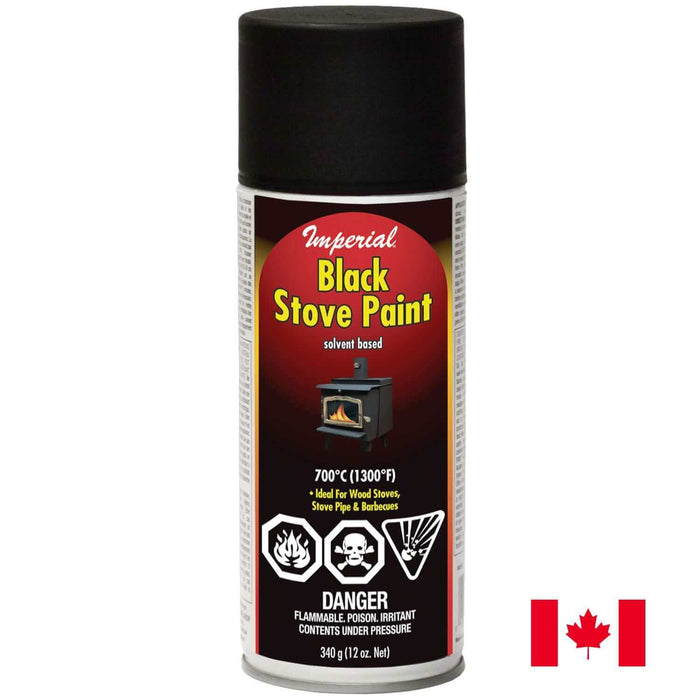 Imperial 340g Black Stove Paint Aerosol, heat-resistant up to 700°C, ideal for wood stoves, pipes, and barbecues. Made in Canada.