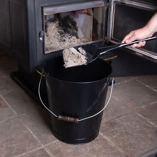 Black imperial ash container and shovel set for safe storage and transport of wood stove ash.