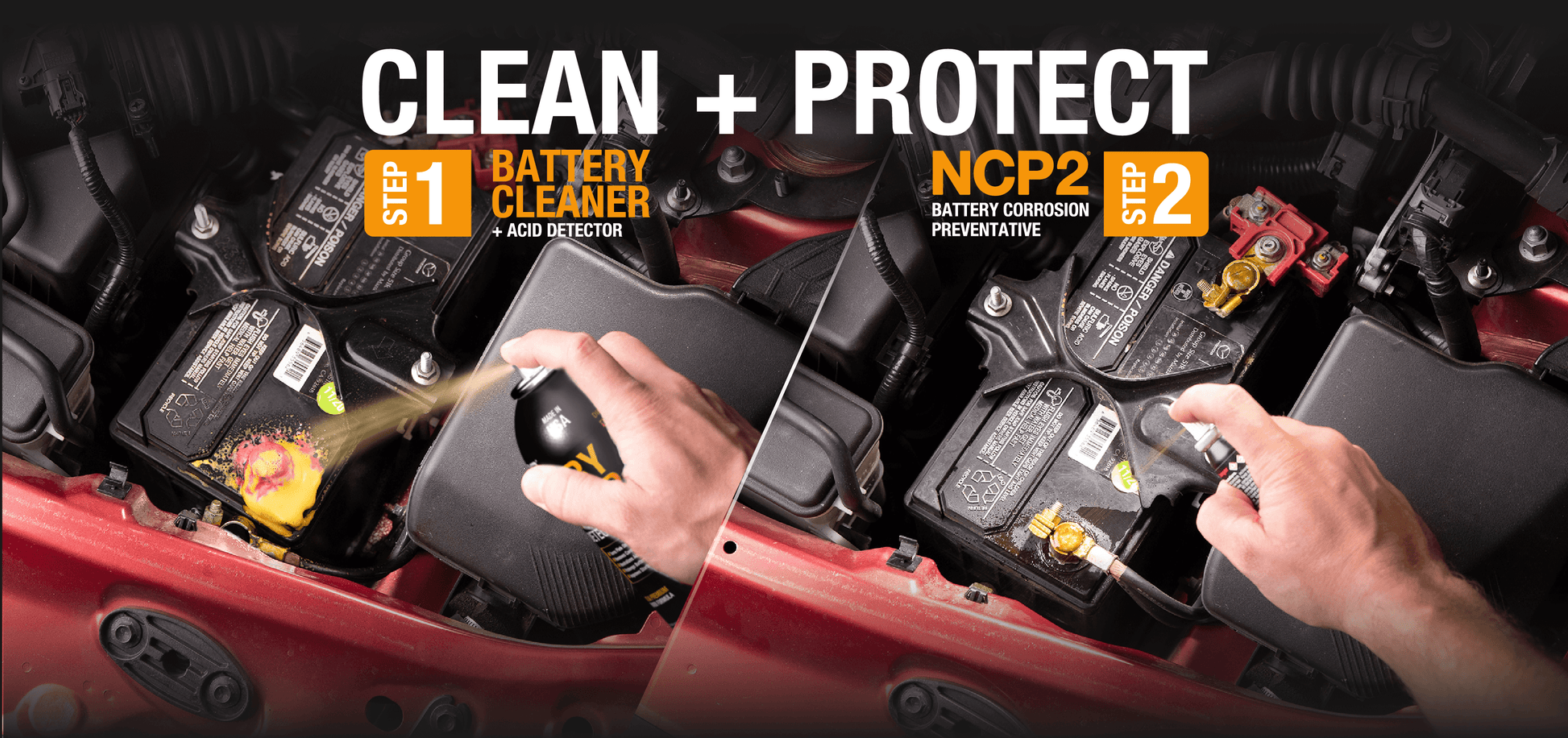 NOCO Battery Treatment Kit in use, showing NCP2 Corrosion Preventive on a car battery, available at Cabin Depot.