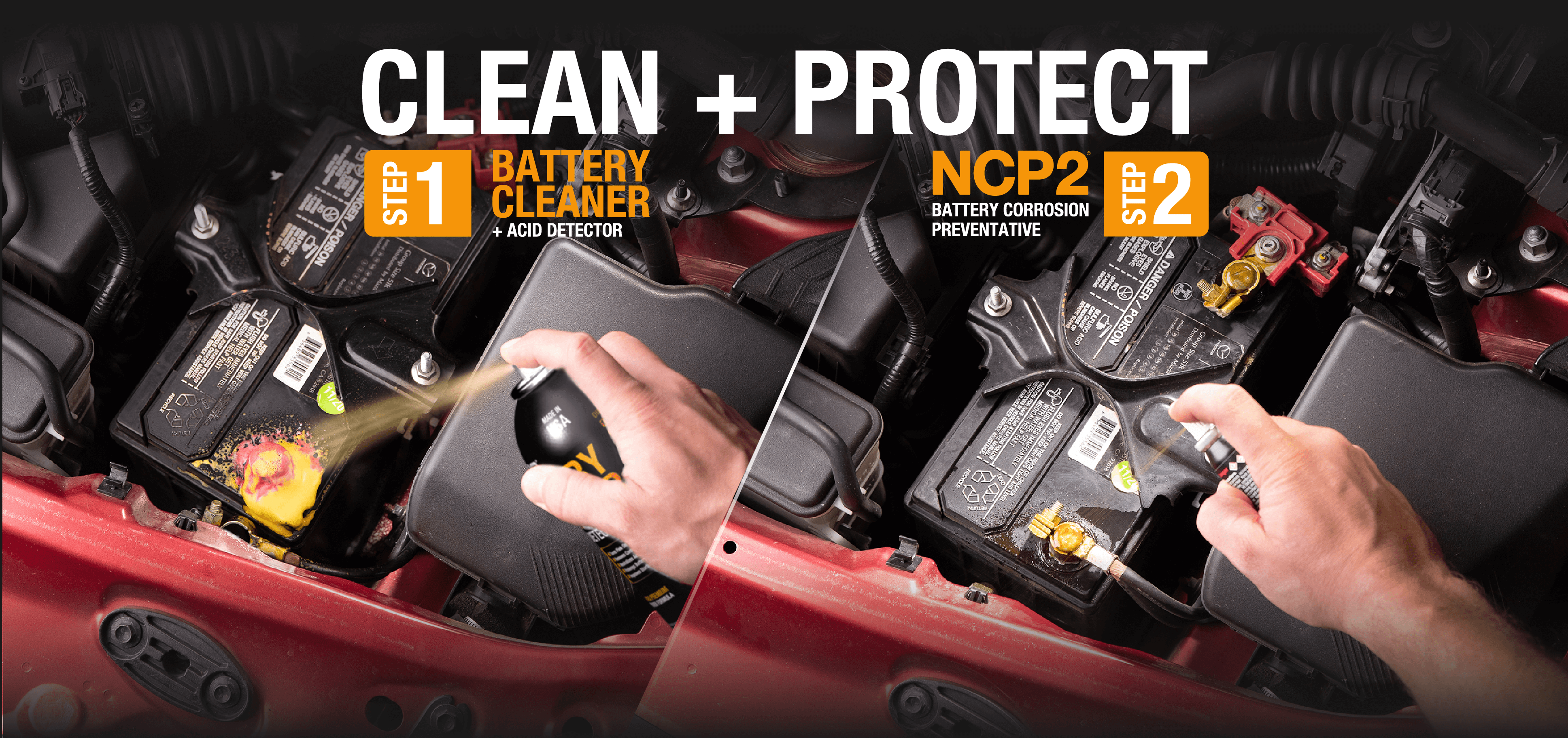 NOCO Battery Treatment Kit in use, showing NCP2 Corrosion Preventive on a car battery, available at Cabin Depot.
