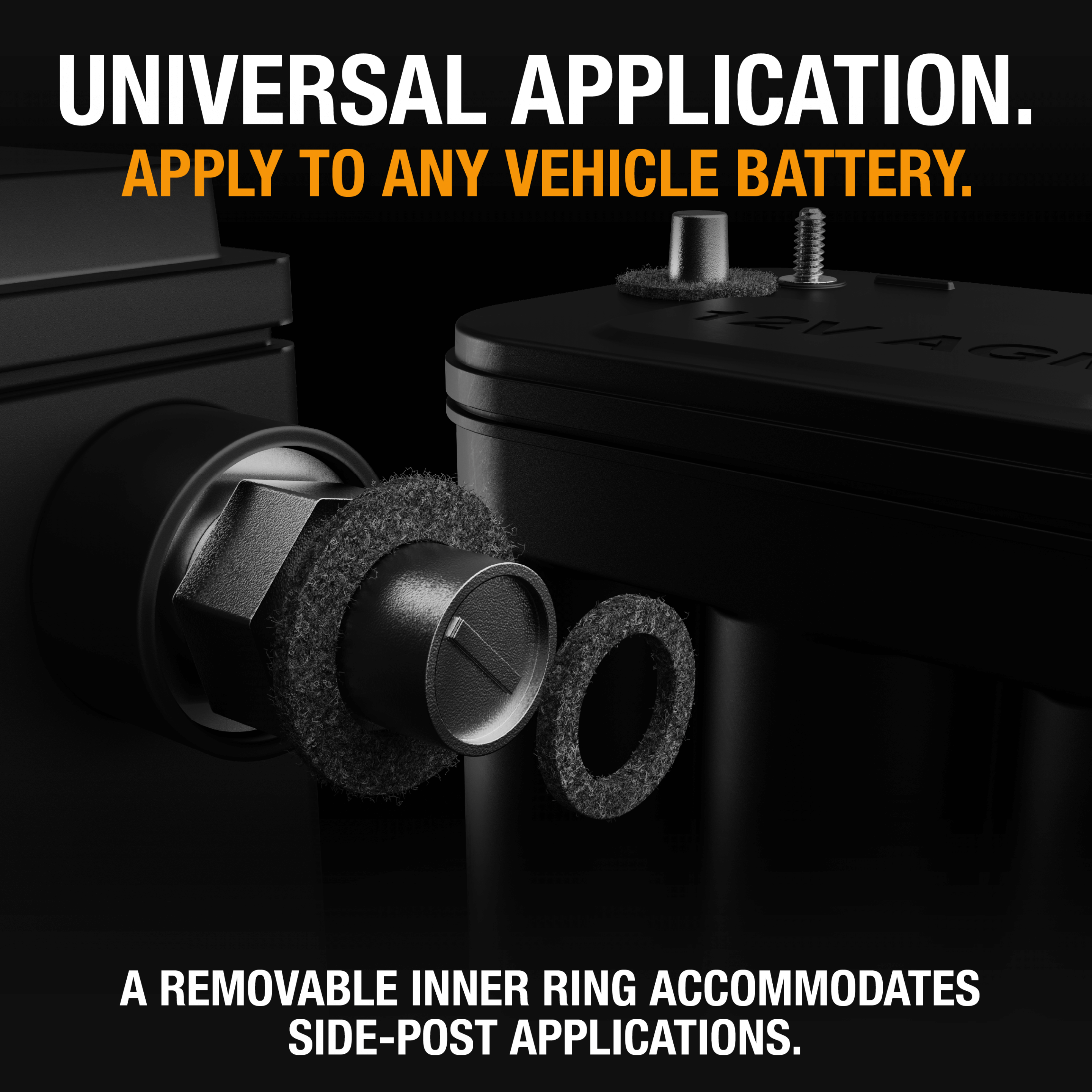Universal application of NOCO Battery Treatment Kit for vehicle batteries, featuring removable inner ring for side-post. Cabin Depot.