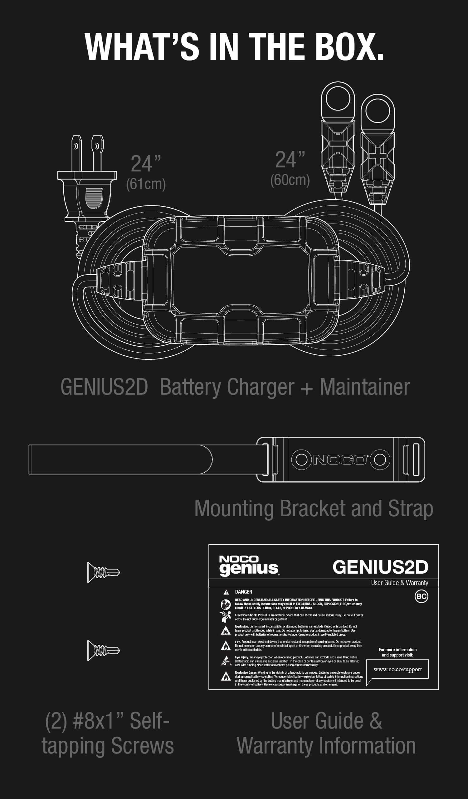 NOCO GENIUS2D 2A Battery Charger Kit including charger, mounting bracket, screws, and user guide from Cabin Depot.