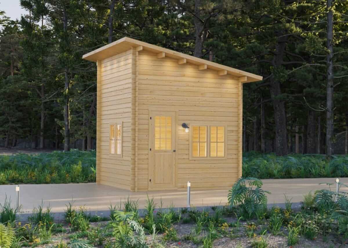 Cube Loft 100 cabin in forest setting with customizable roof slant, available at Cabin Depot.