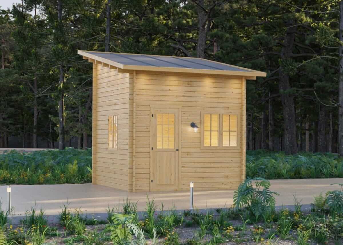 Cube Loft 100 cabin by Cabin Depot with customizable roof slant, shown in a forest setting, ideal for versatile outdoor spaces.
