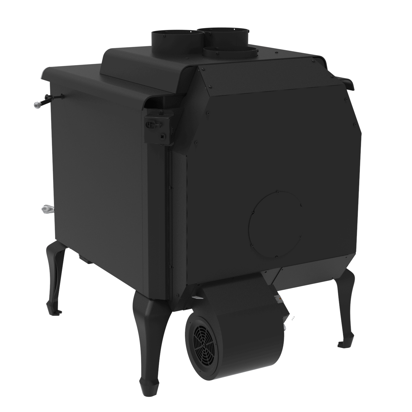 J.A. Roby Master Wood Stove with 460 CFM blower, available at Cabin Depot for efficient heating in your cabin or homestead.