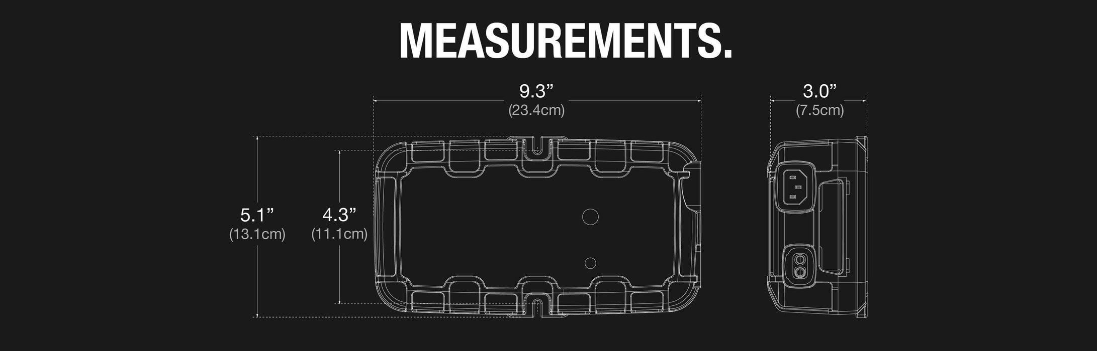 Technical measurements of NOCO 25A Pro Battery Charger GENIUSPRO25, dimensions in inches and centimeters for Cabin Depot.