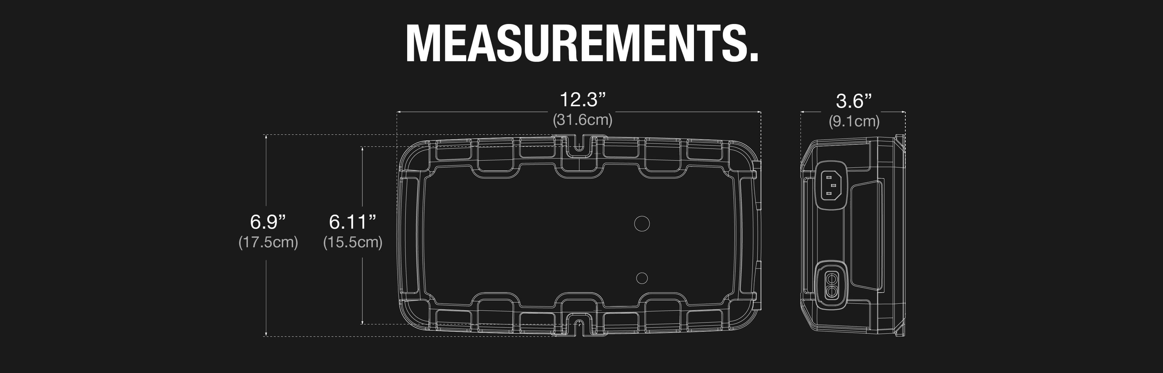 Dimensions diagram of NOCO 50A Pro Battery Charger: 12.3" x 6.9" x 3.6", perfect for automotive and marine use at The Cabin Depot.