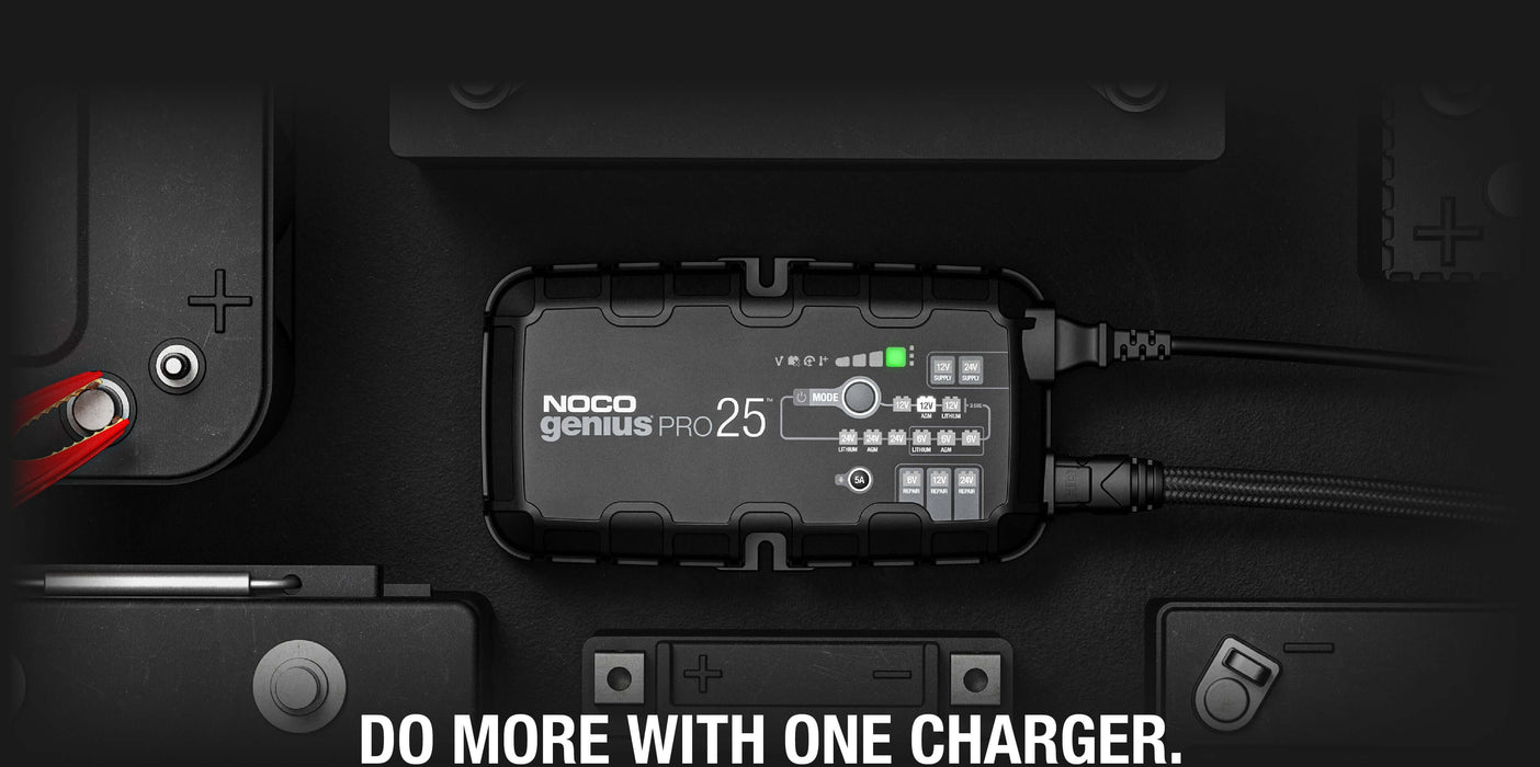 NOCO GENIUSPRO25 25A Battery Charger by Cabin Depot for automotive and marine use, showcasing smart charging technology.
