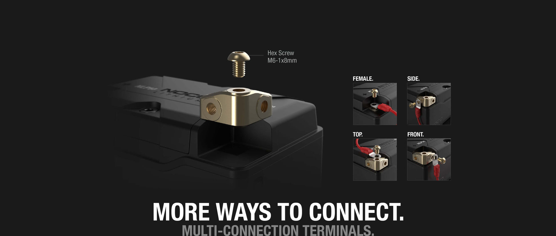 NOCO Group 14 500A Lithium Powersport Battery with multi-connection terminals available at Cabin Depot.