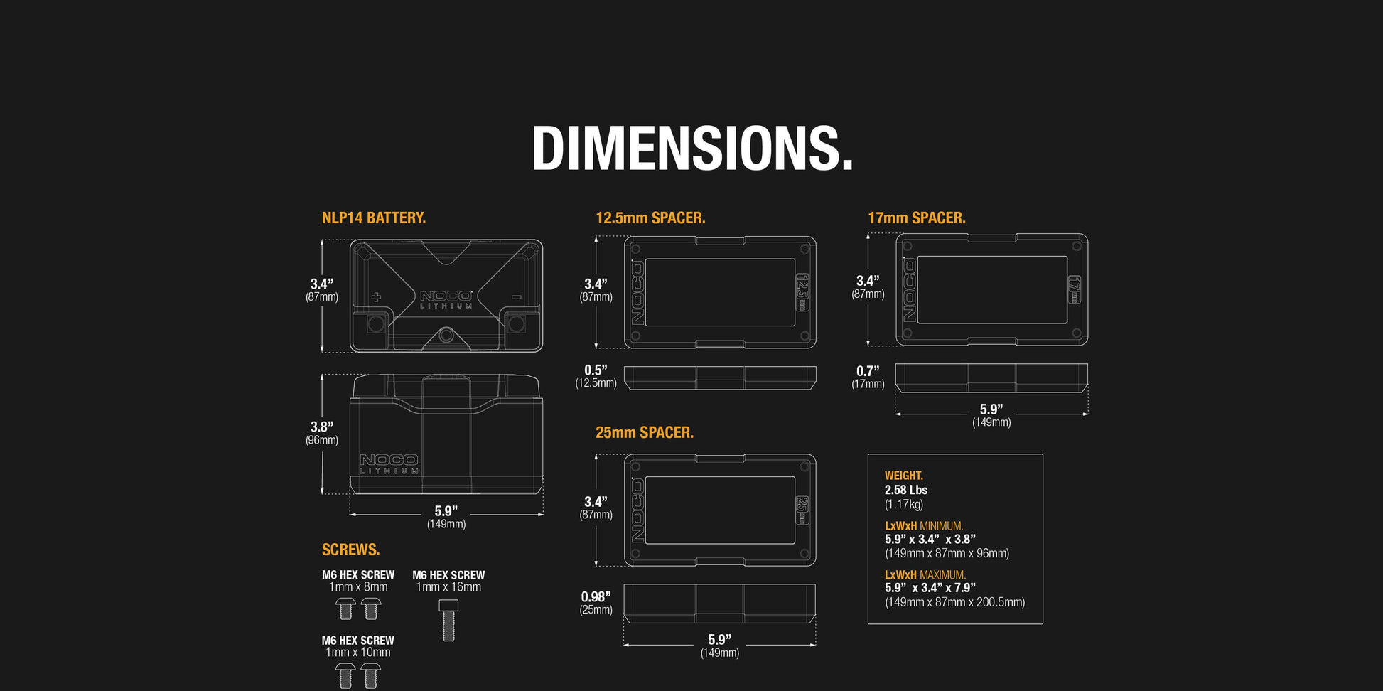 Dimensions diagram of NOCO Group 14 Powersports Battery with spacers and screws, available at Cabin Depot.