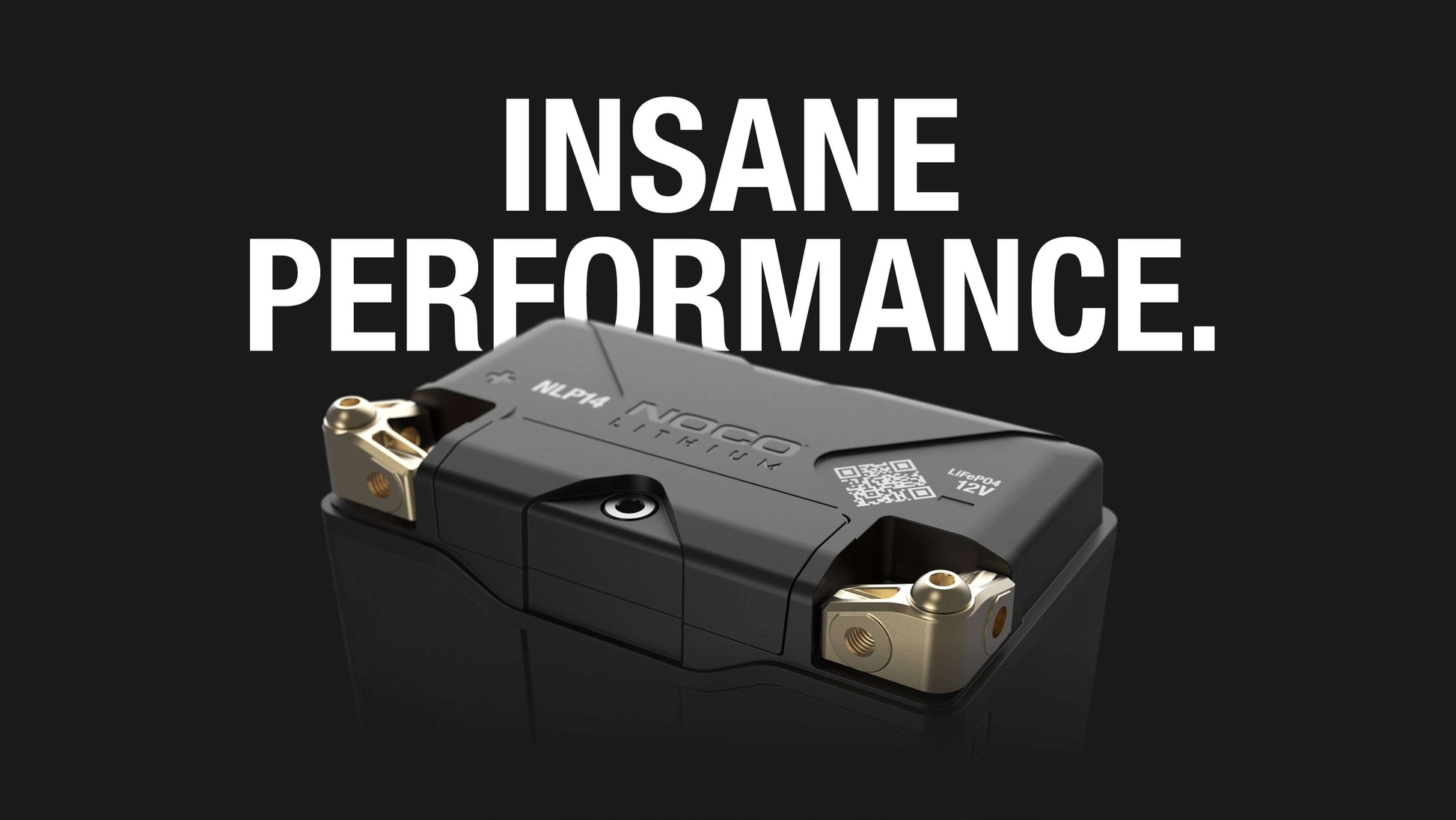 NOCO Group 14 Powersport Battery, 500A Lithium, Cabin Depot, black design with 'Insane Performance' text, high power motorcycle battery.