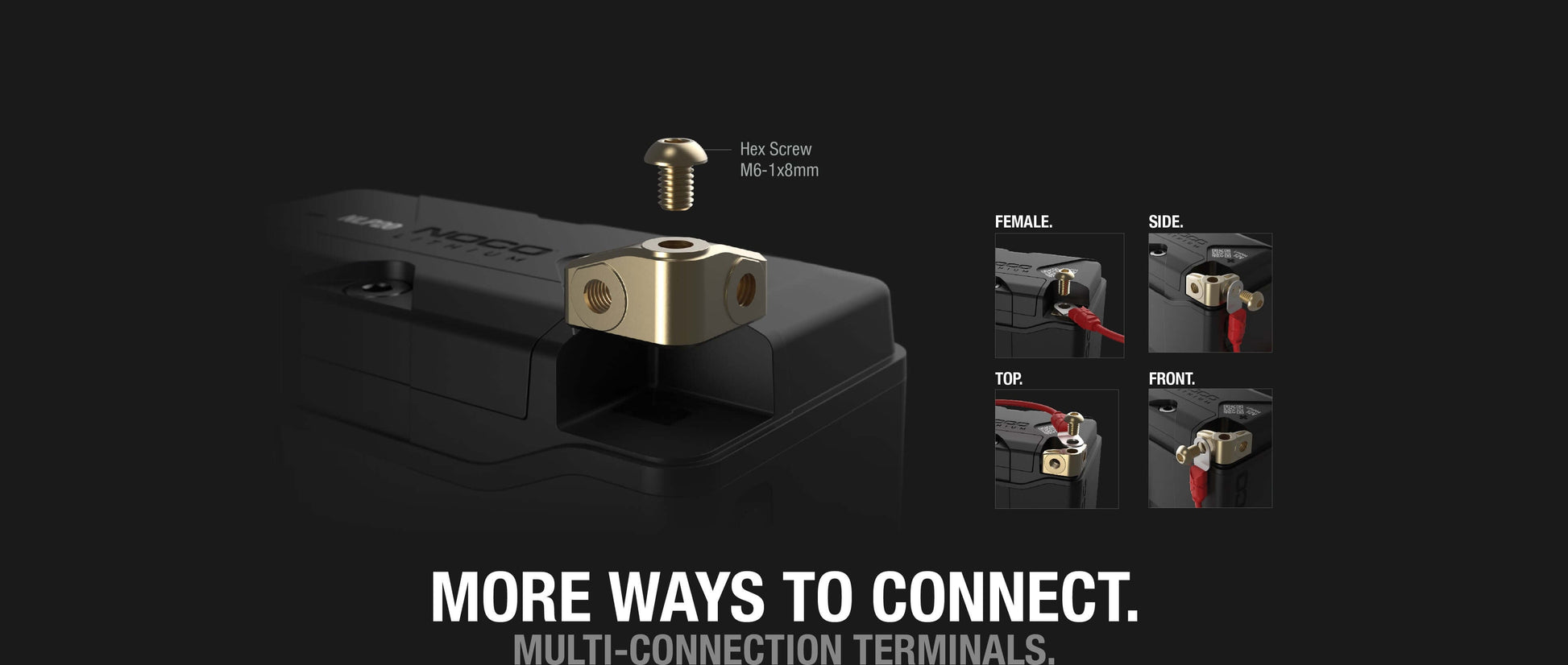 NOCO Lithium NLP20 Powersports Battery with multi-connection terminals, available at Cabin Depot. Enhanced connectivity options for convenience.