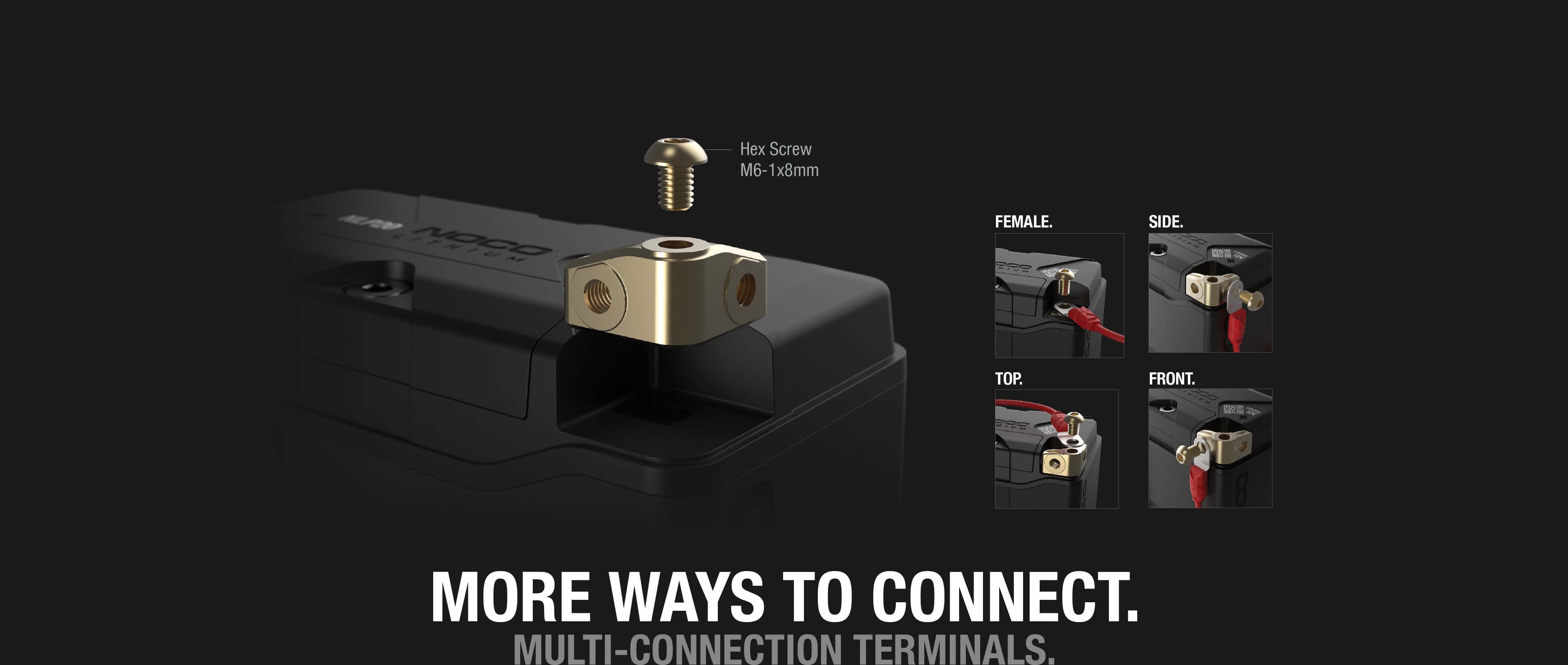 NOCO Lithium NLP20 Powersports Battery with multi-connection terminals, available at Cabin Depot. Enhanced connectivity options for convenience.