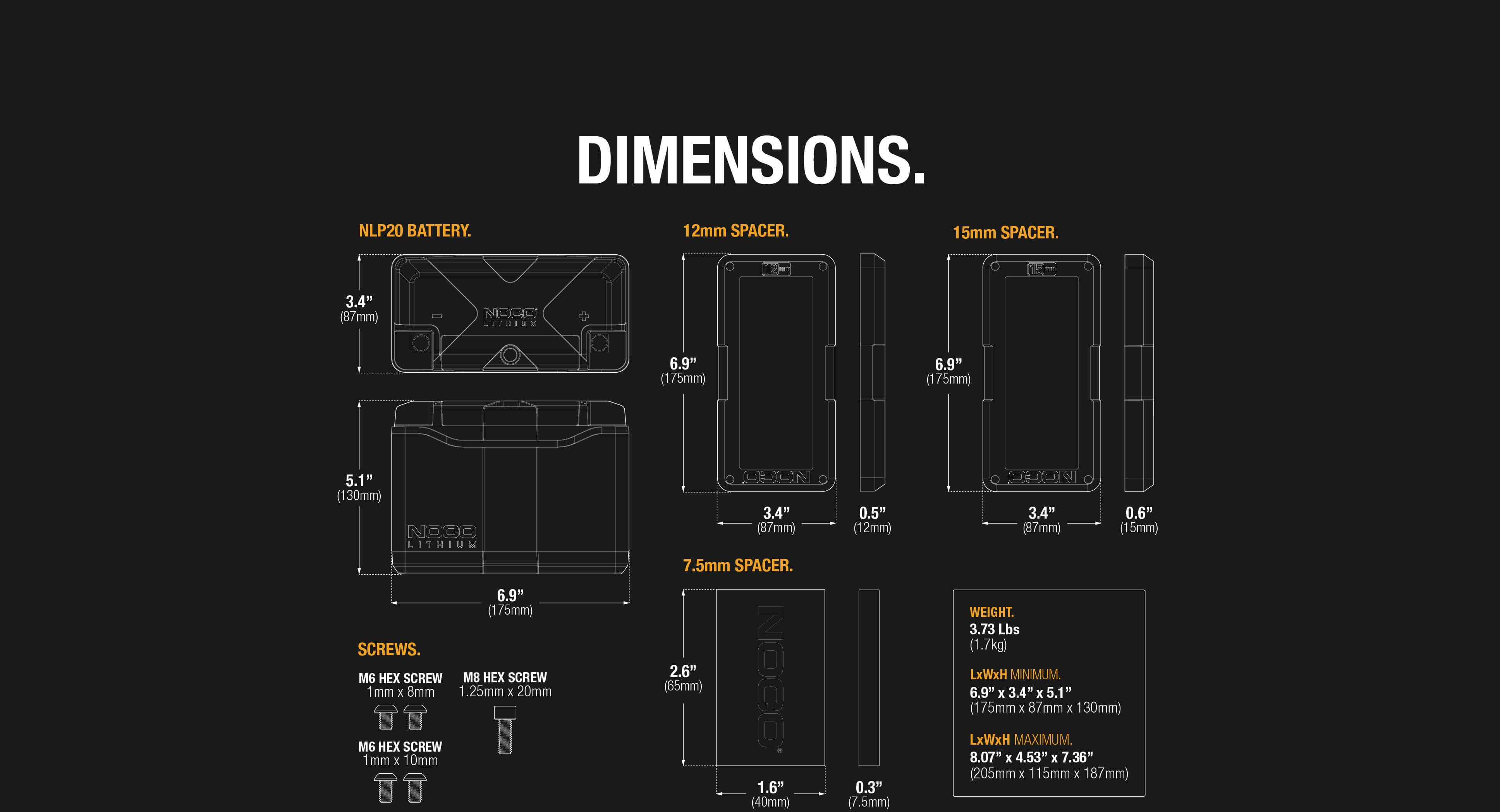 NOCO NLP20 battery dimensions and specifications, including spacers, for powersport use, available at Cabin Depot.