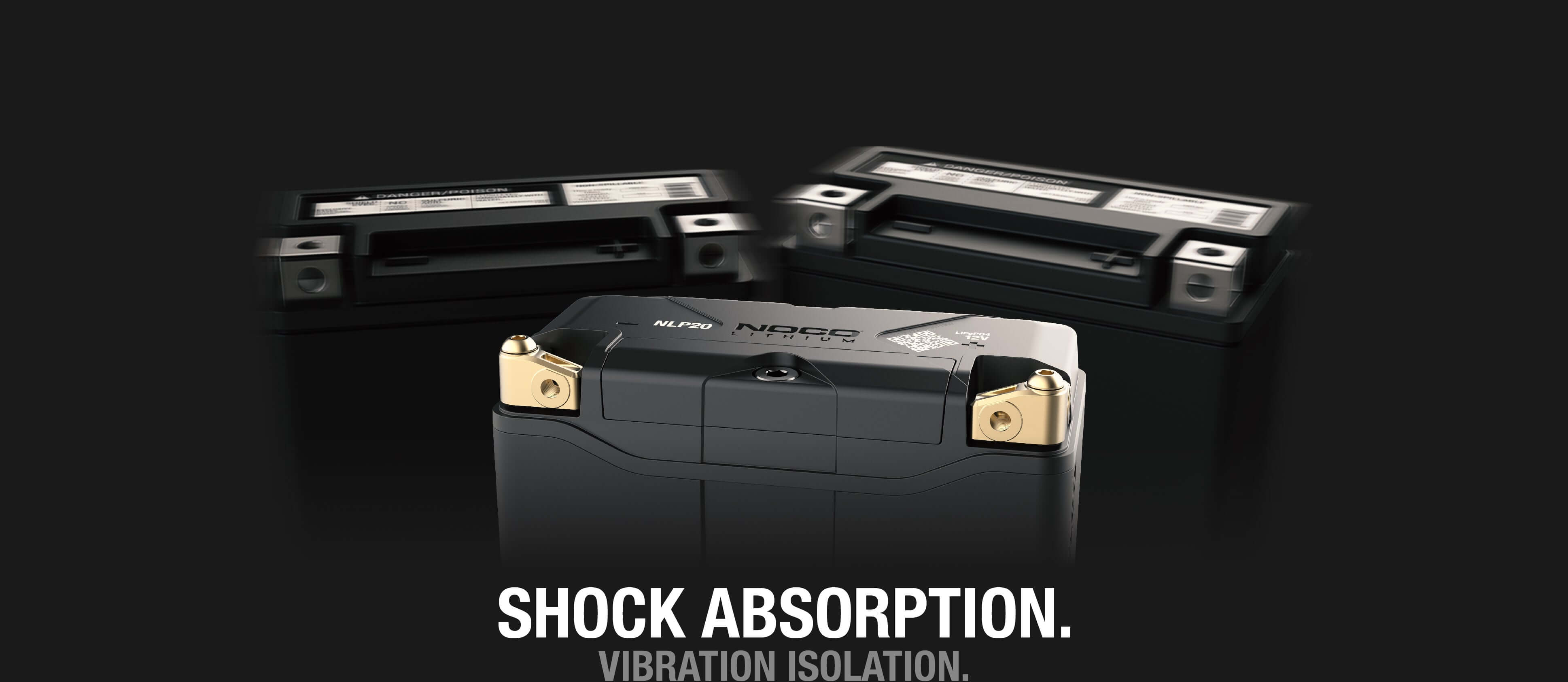 NOCO Group 20 Powersports Battery with shock absorption feature, available at Cabin Depot. High-performance lithium battery for motorcycles.