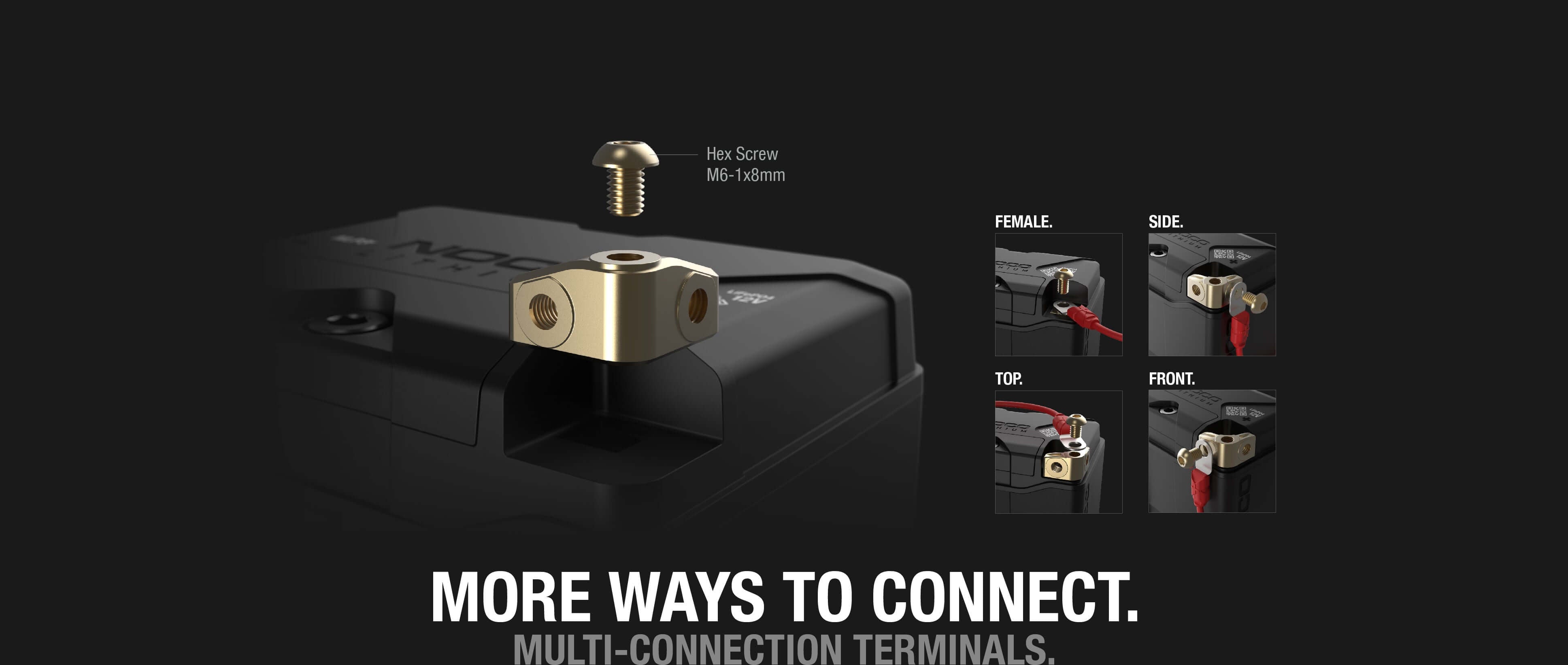 NOCO Group 30 Powersports Battery with multi-connection terminals, shown in various angles; ideal for Cabin Depot customers.