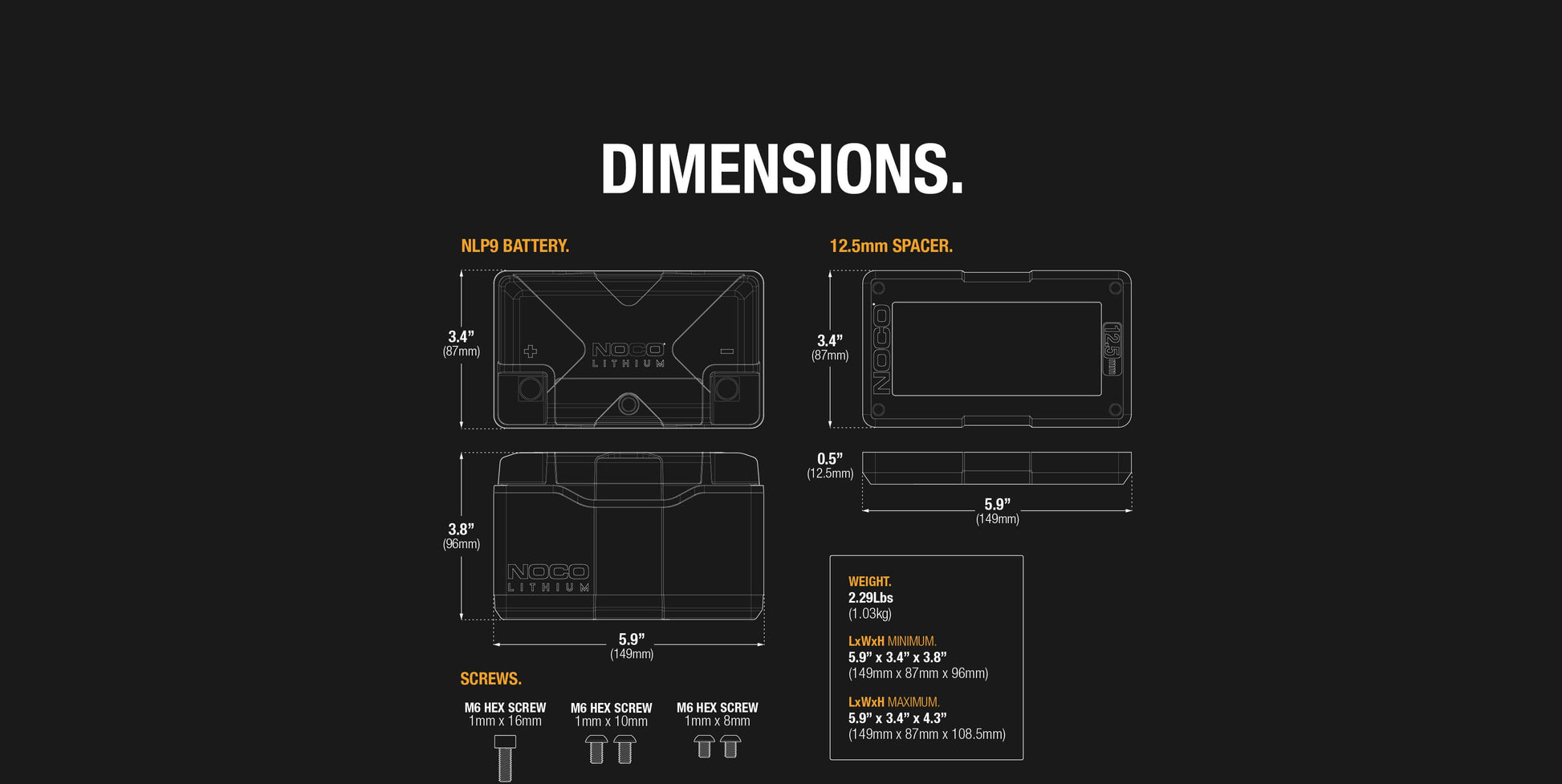 Diagram of NOCO Group 9 Powersports Battery dimensions and specifications, available at Cabin Depot.
