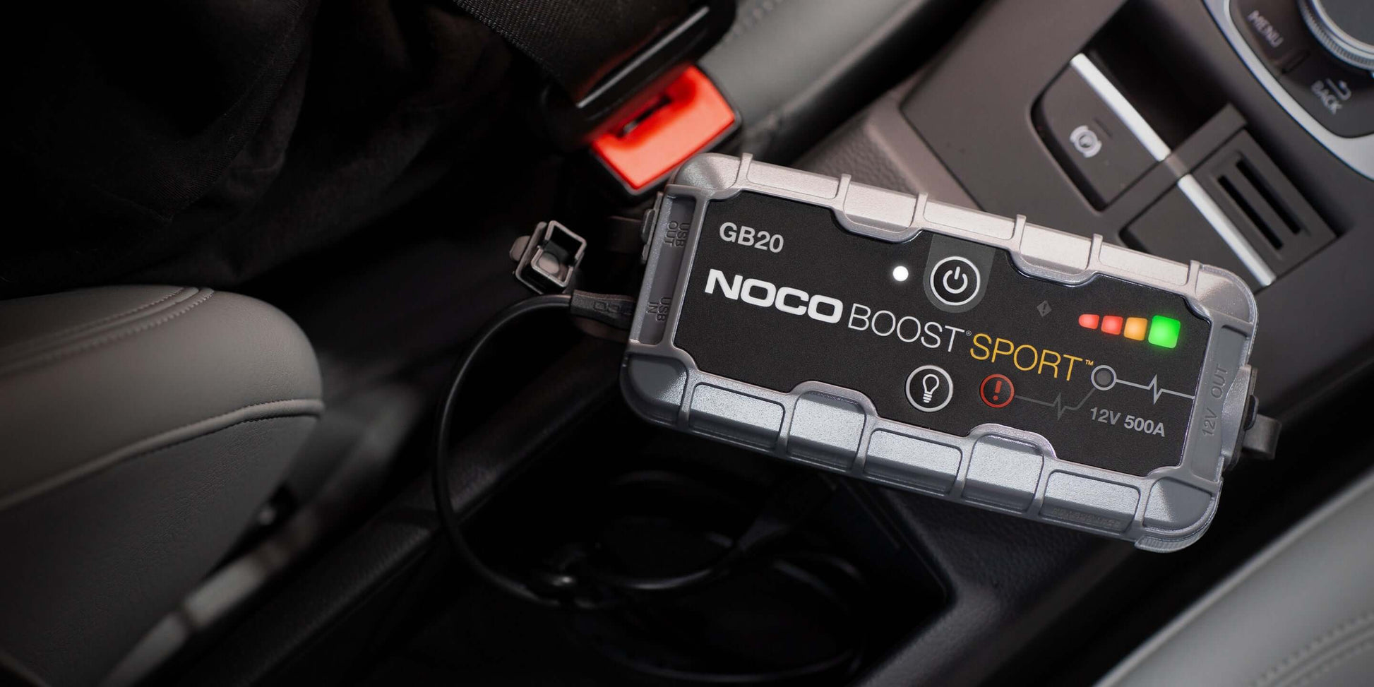 NOCO 12V 500A Boost Jump Starter in car; Cabin Depot; UltraSafe lithium battery with spark-proof tech and reverse polarity protection.