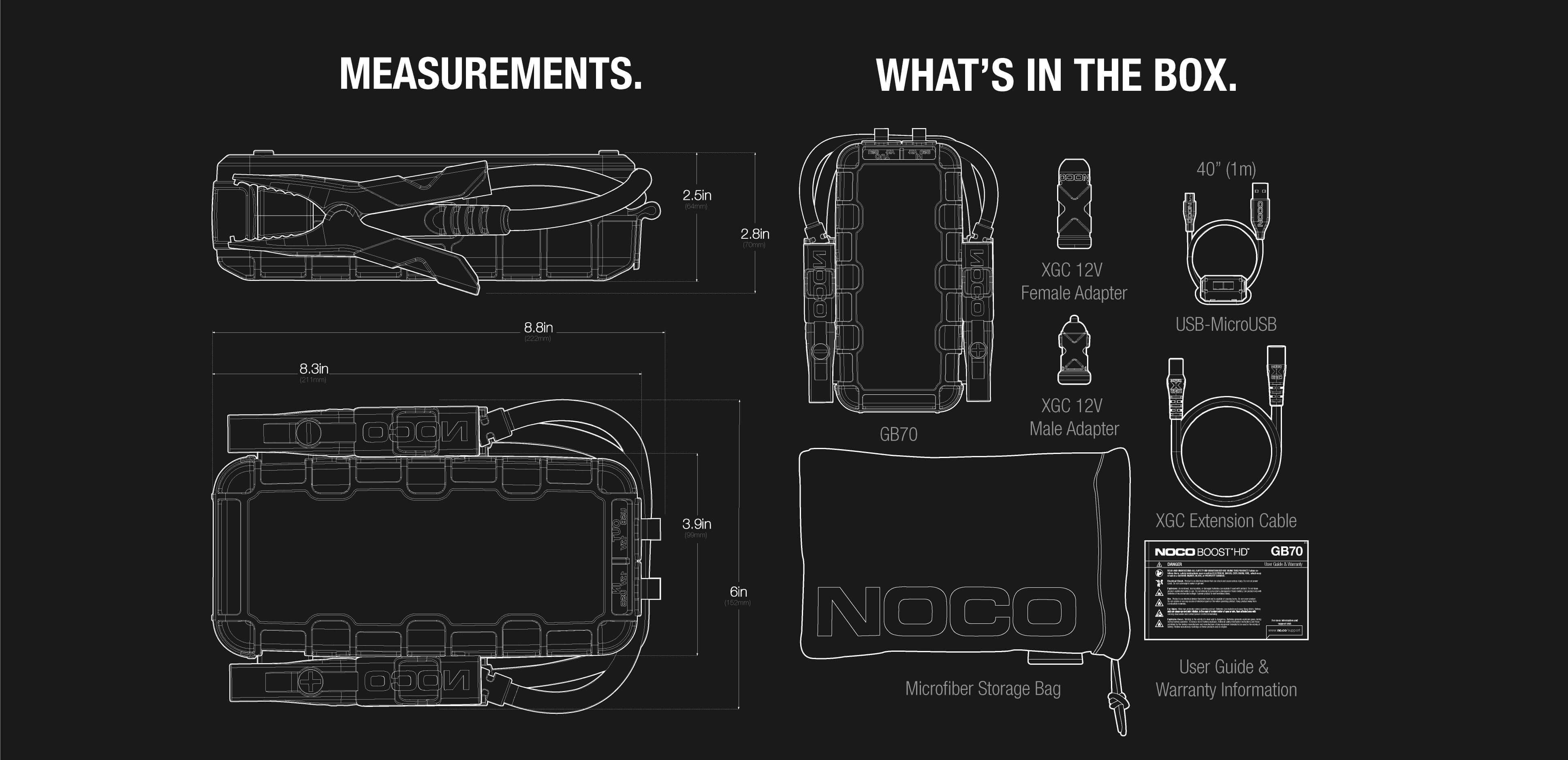 Diagram of NOCO 12V 2,000A Boost Jump Starter with measurements and included accessories from Cabin Depot.