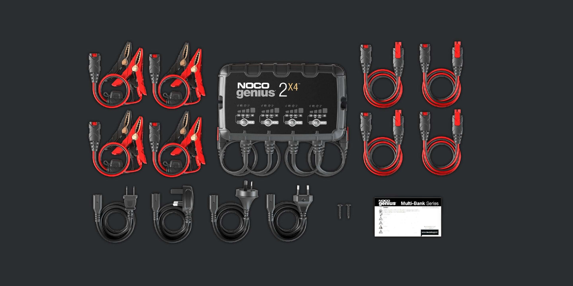 NOCO GENIUS2X4 8A Battery Charger 4 Bank with cables, available at Cabin Depot