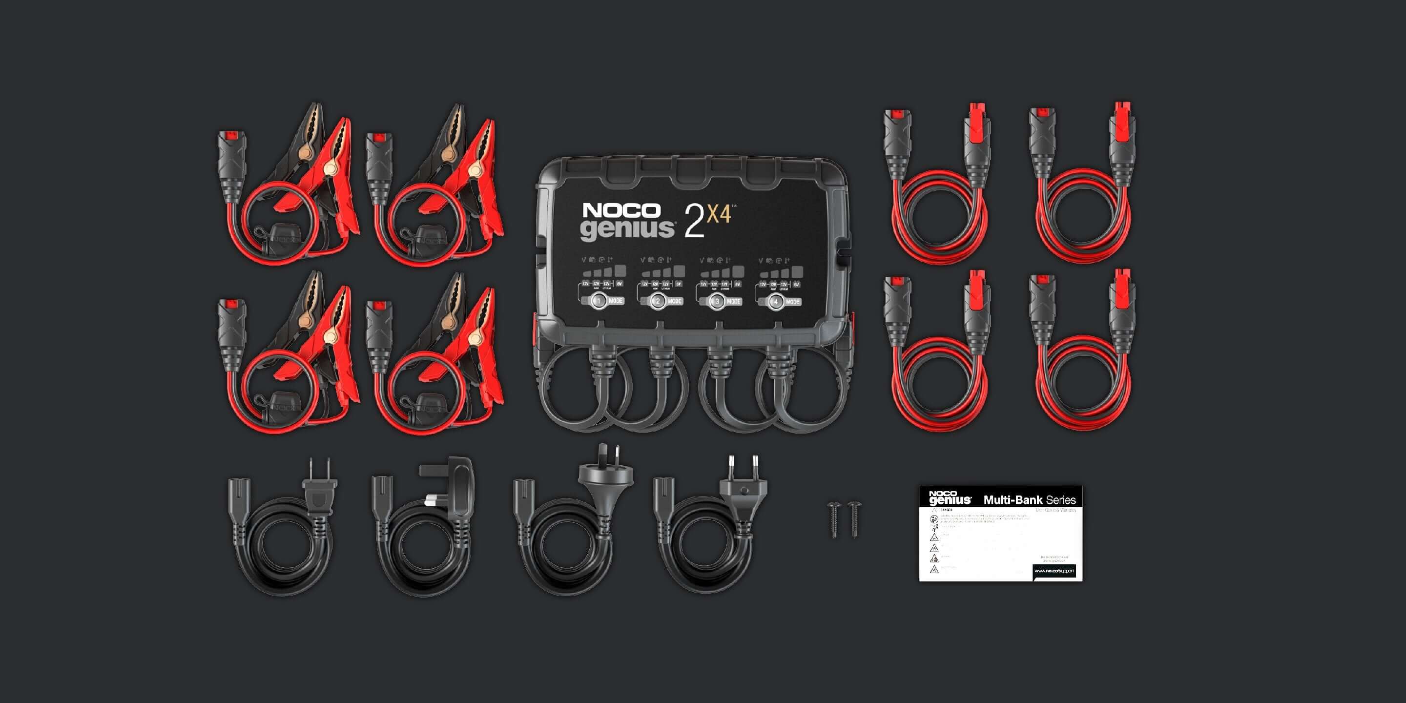 NOCO GENIUS2X4 8A Battery Charger 4 Bank with cables, available at Cabin Depot