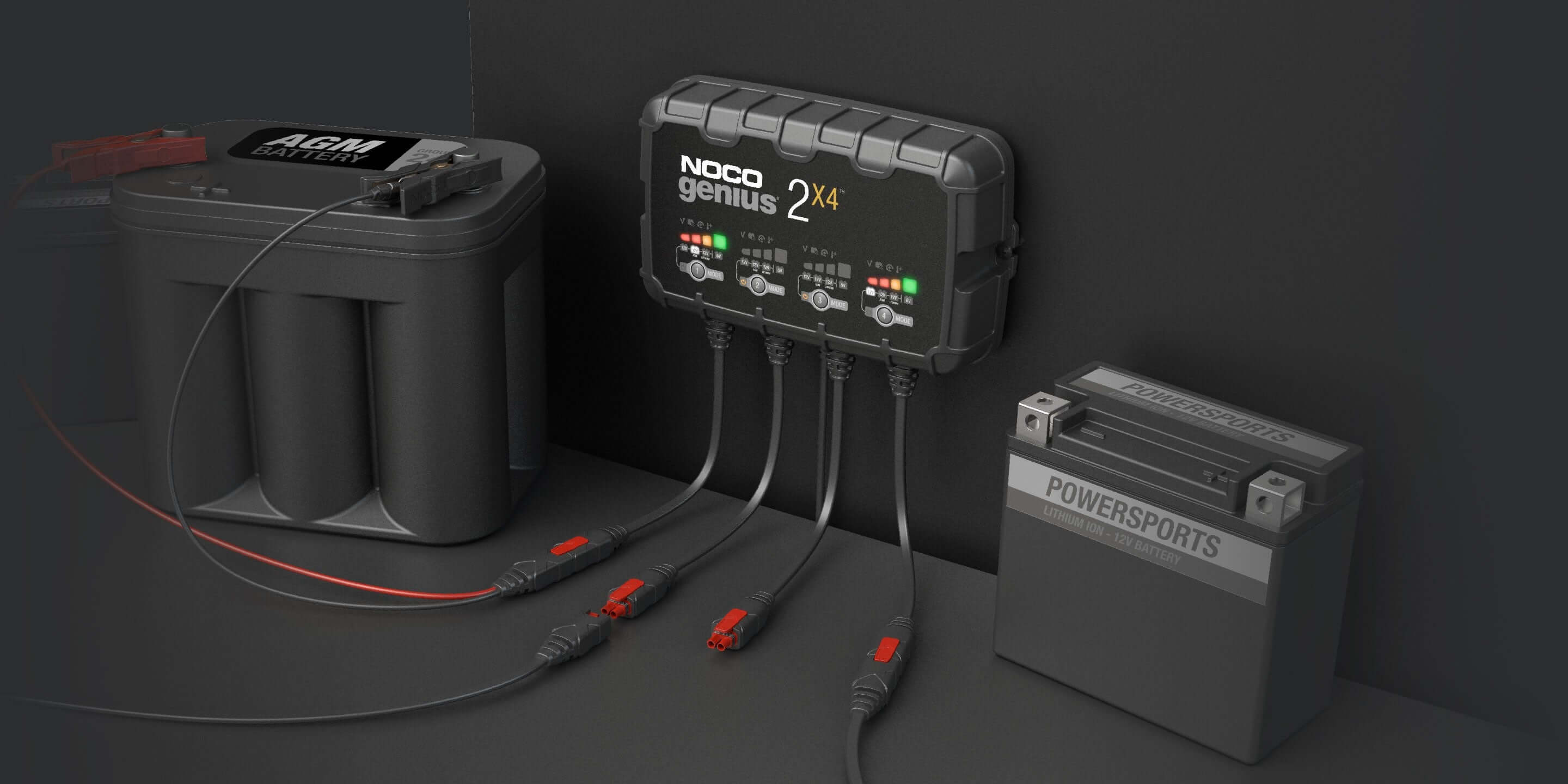 NOCO GENIUS2X4 8A 4-Bank Battery Charger charging two batteries; Cabin Depot high-performance, energy-efficient charger and maintainer.