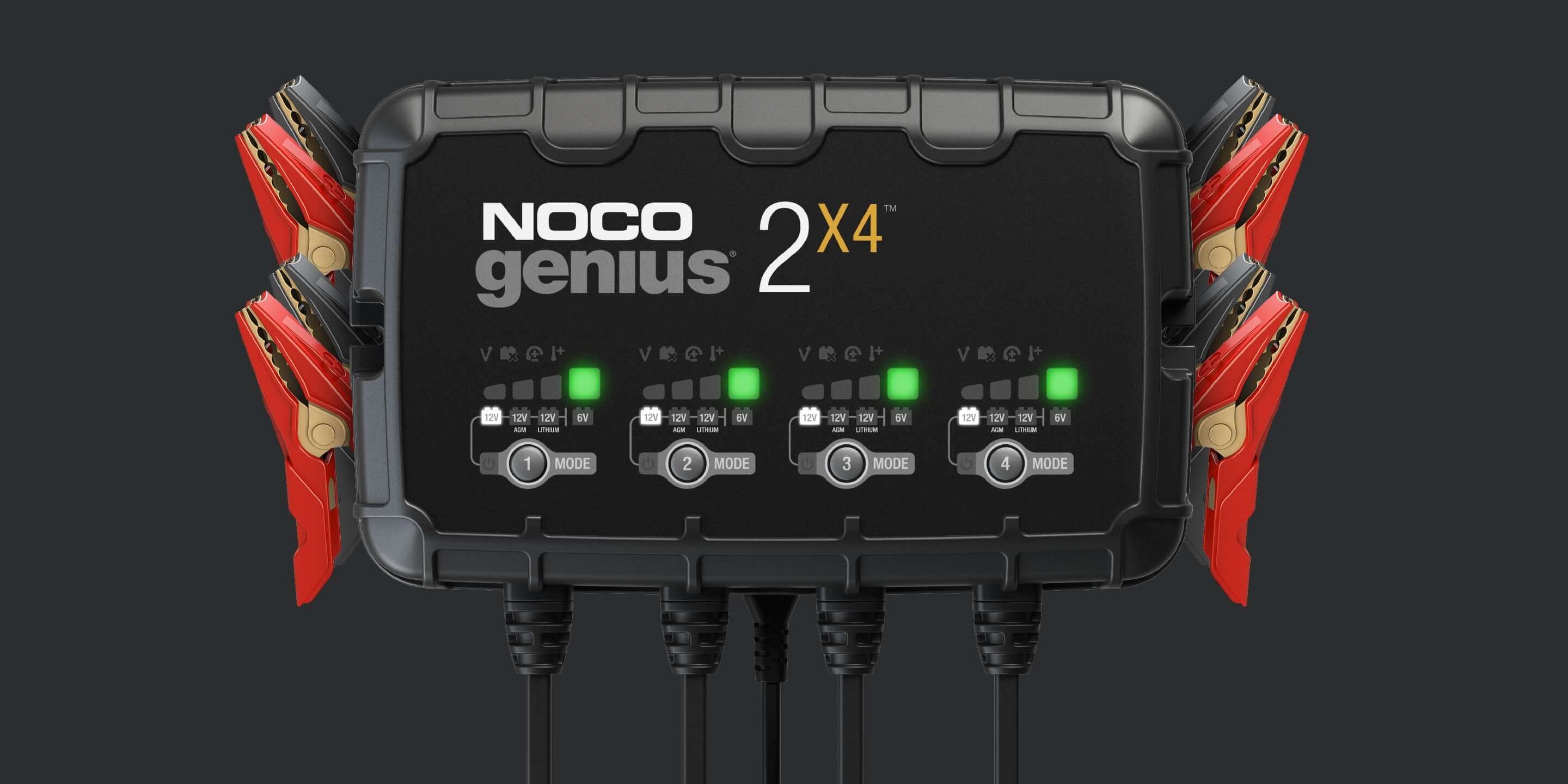 NOCO Genius 2x4 8A 4-Bank Battery Charger with red clamps for Cabin Depot