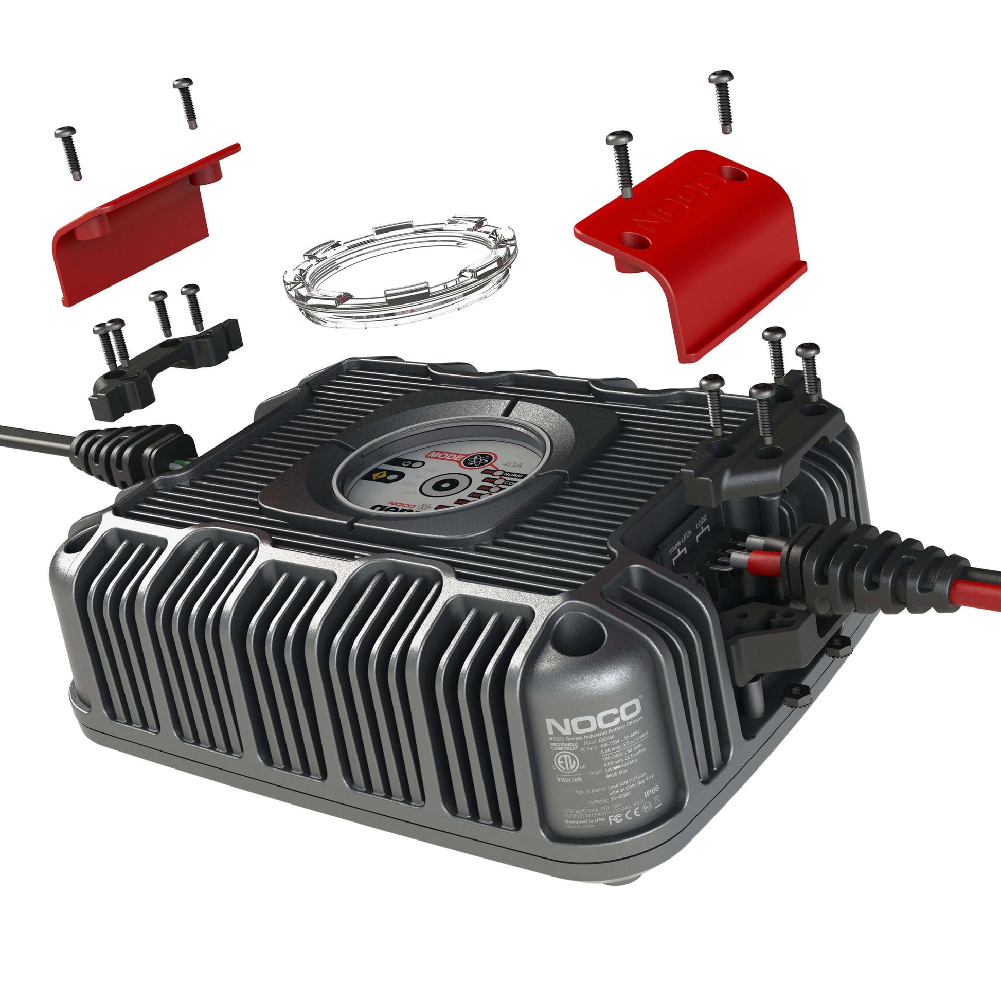 NOCO 24V 40A Industrial Charger GX2440 with components, a high-efficiency battery charger ideal for electric vehicles - Cabin Depot