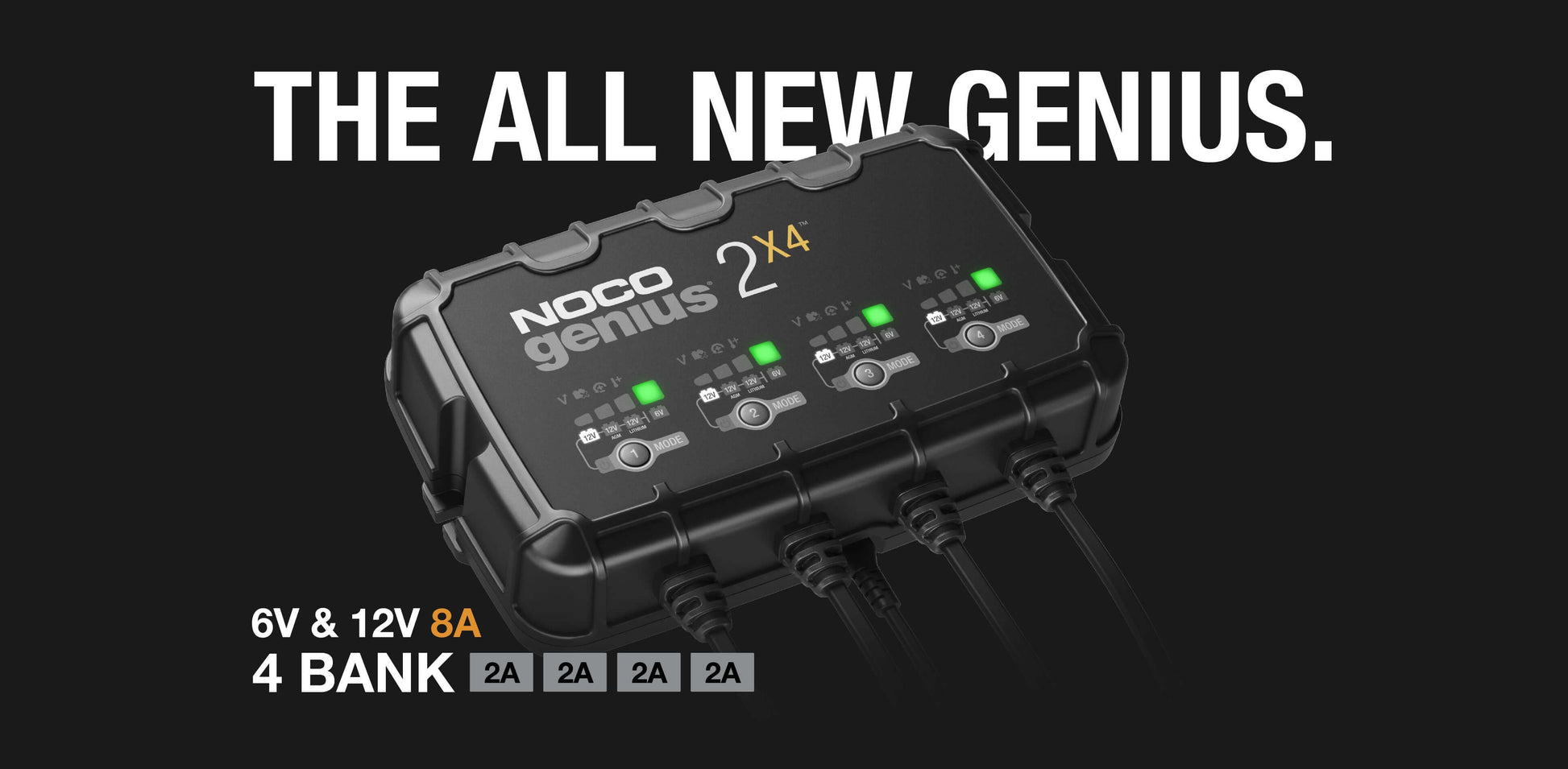 NOCO Genius2X4 8A 4-Bank Battery Charger, Maintainer, Desulfator available at Cabin Depot
