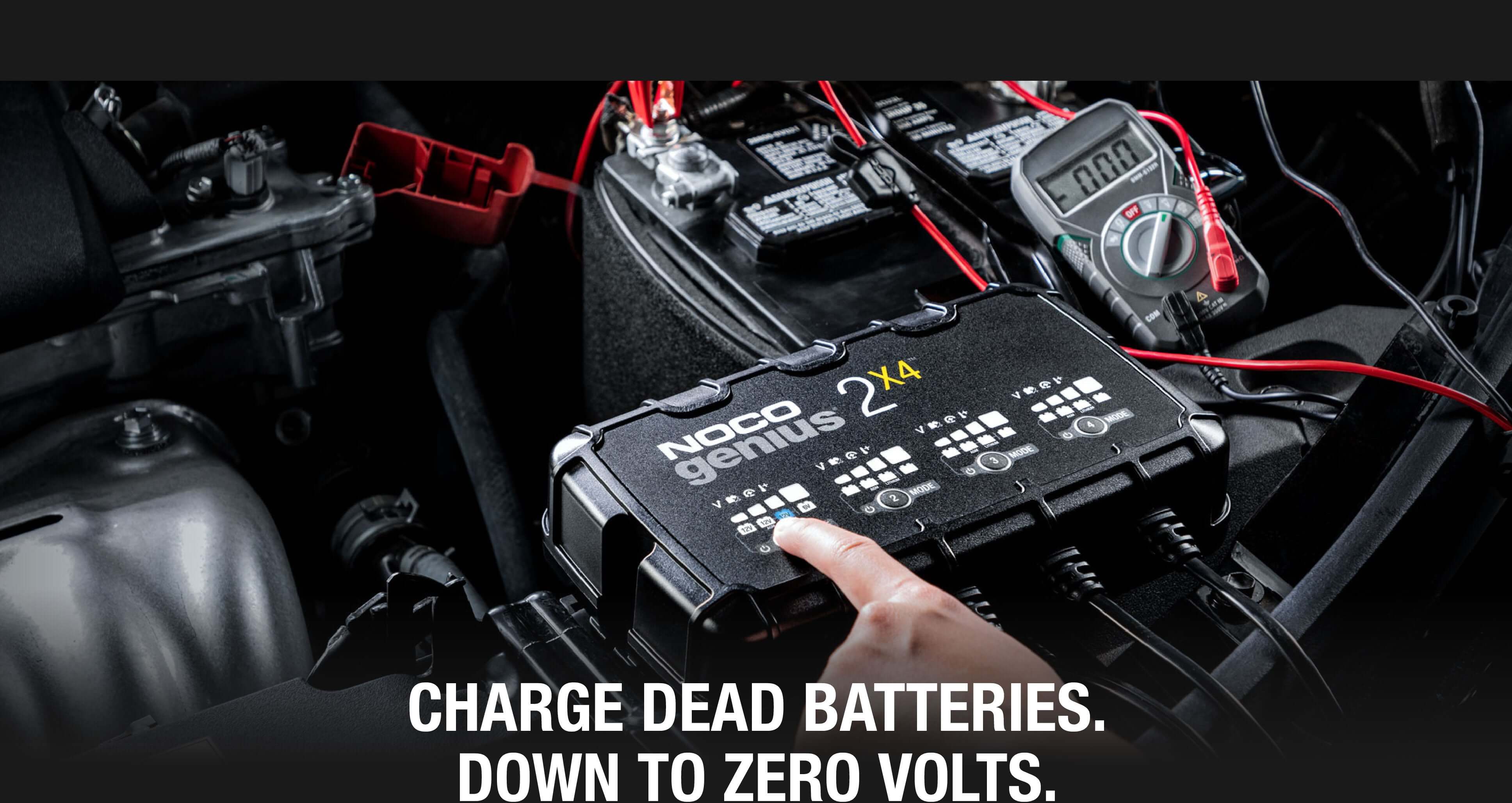 NOCO 8A Battery Charger 4 Bank GENIUS2X4 charging a car battery, ideal for maintaining and desulfating, available at Cabin Depot.