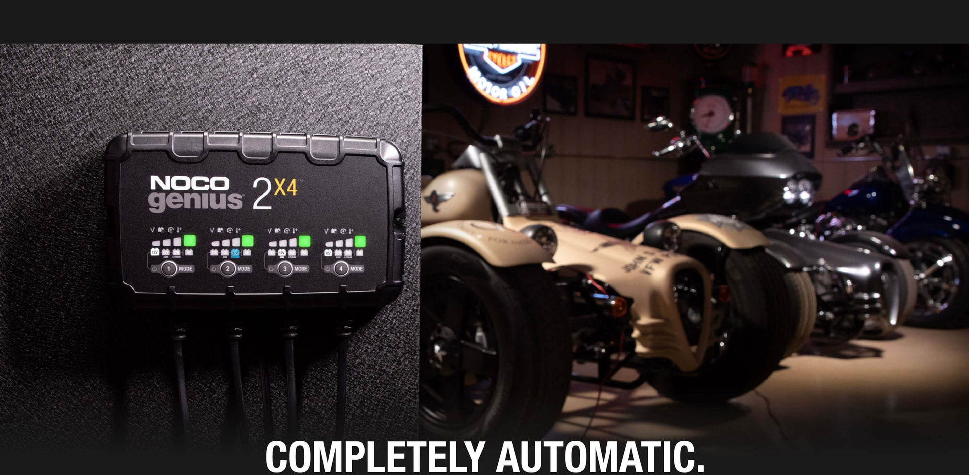NOCO 8A Battery Charger 4 Bank with motorcycles, featuring the GENIUS2X4 with Cabin Depot branding, fully automatic functionality