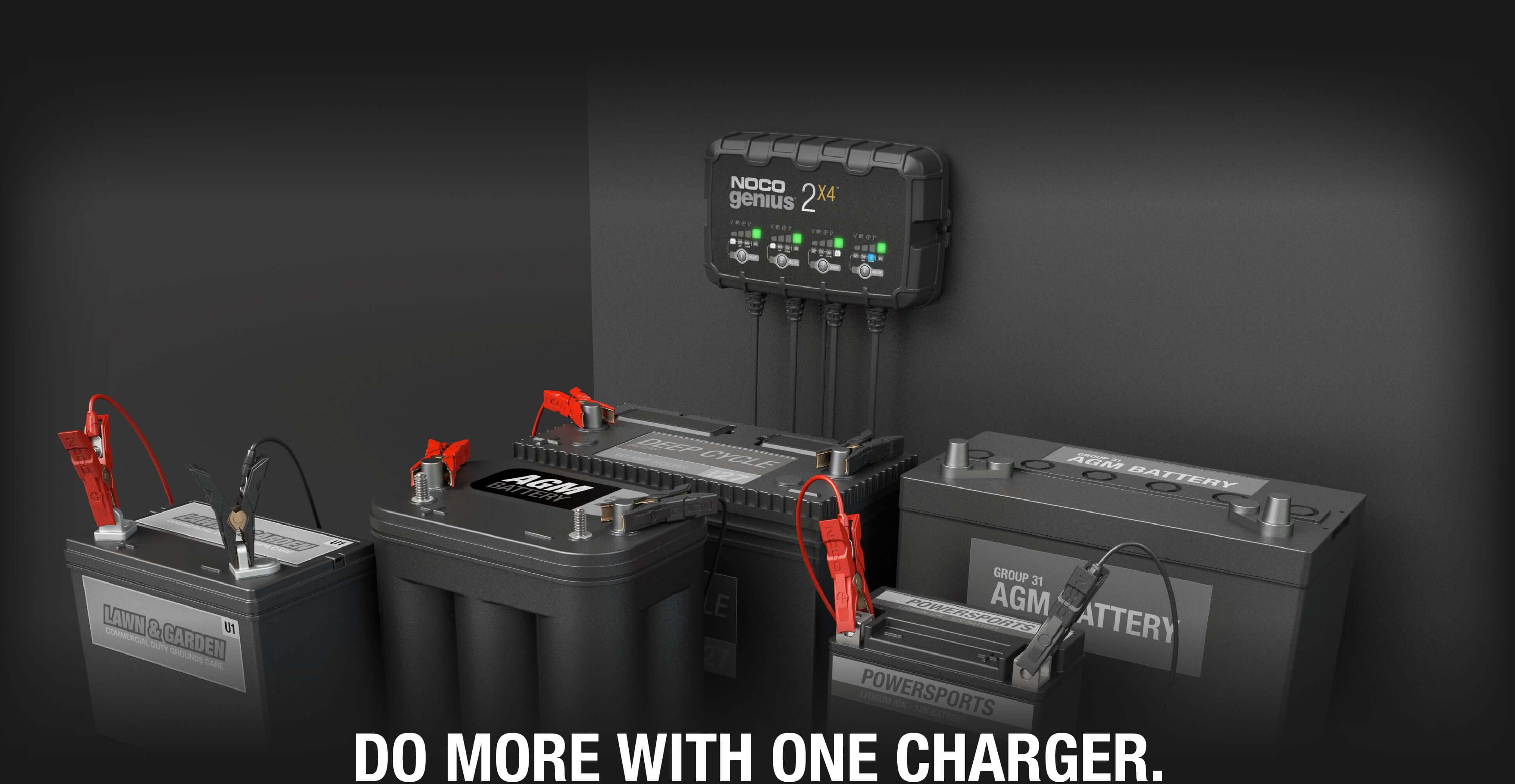 NOCO GENIUS2X4 8A 4-Bank Battery Charger for lead-acid batteries, available at Cabin Depot. Charge and maintain batteries efficiently.