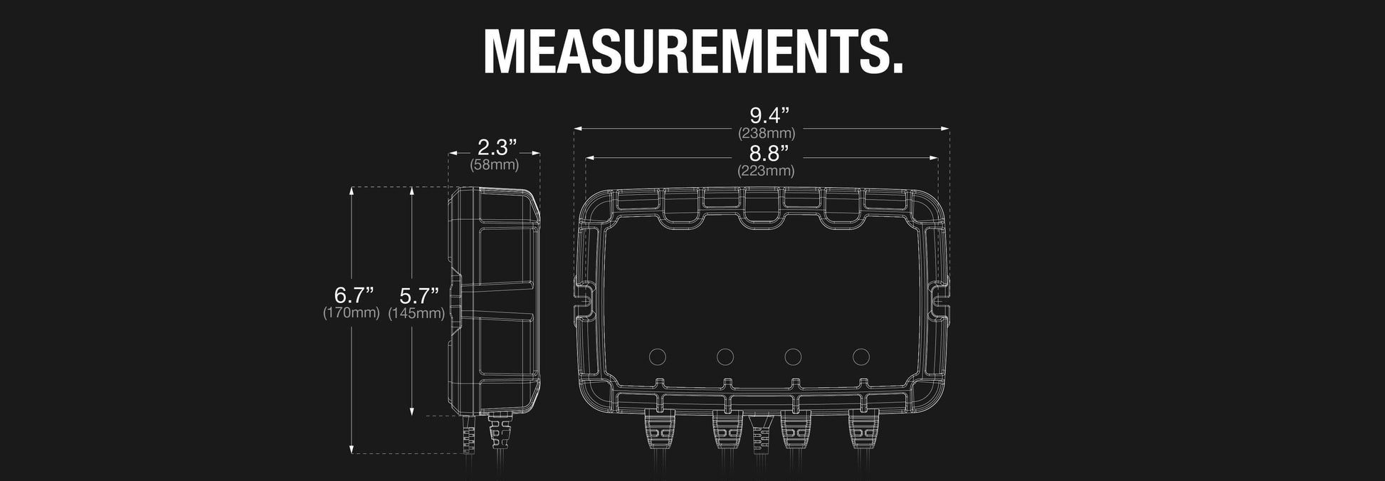 Dimensions diagram of NOCO 8A Battery Charger 4 Bank from Cabin Depot, illustrating precise measurements and compact design.