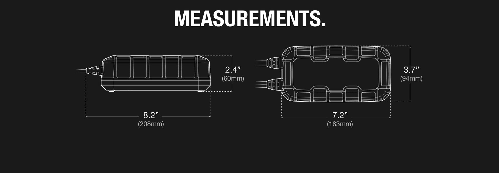 Dimensions of NOCO 10A Battery Charger displayed in mm and inches, highlighting compact design. Available at Cabin Depot.