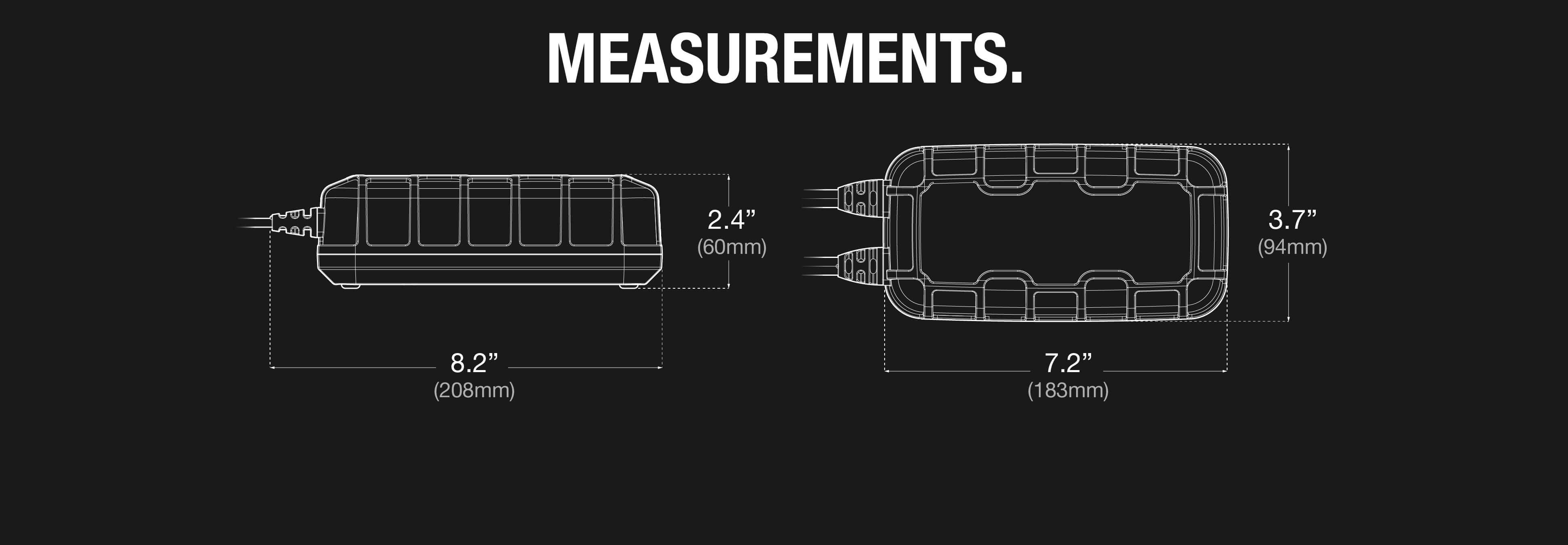 Dimensions of NOCO 10A Battery Charger displayed in mm and inches, highlighting compact design. Available at Cabin Depot.