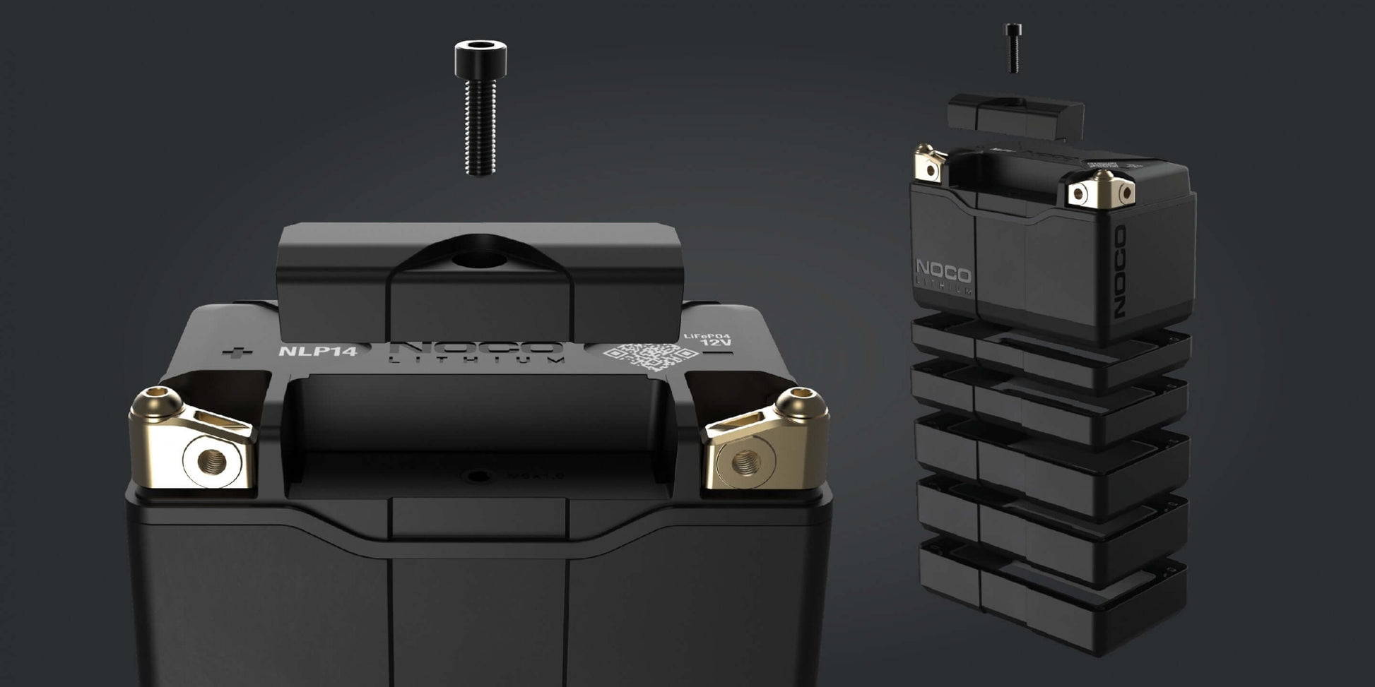 NOCO Group 14 Powersports Battery, 500A Lithium, available at Cabin Depot, shown with patented design features.