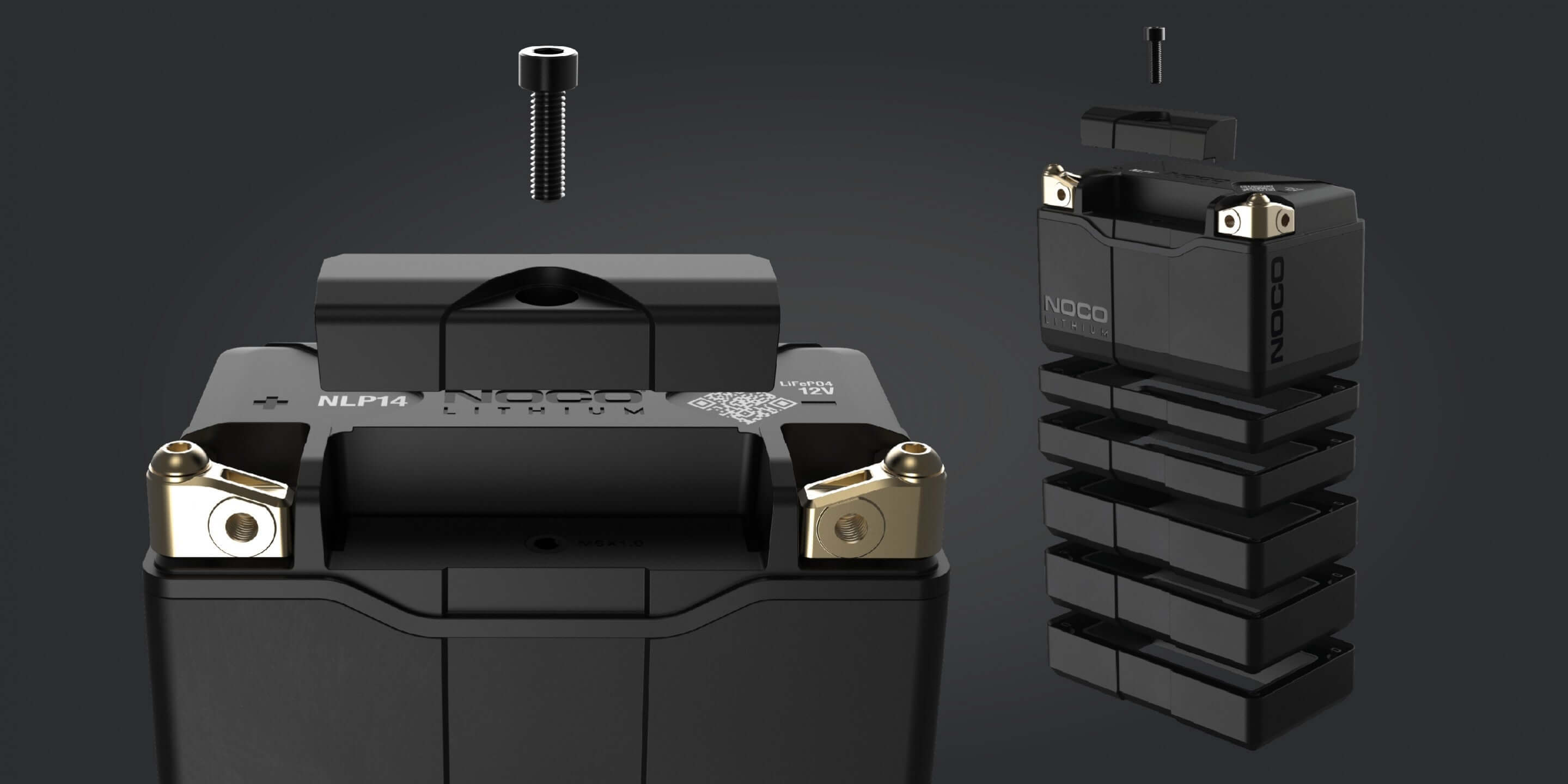 NOCO Group 14 Powersports Battery, 500A Lithium, available at Cabin Depot, shown with patented design features.