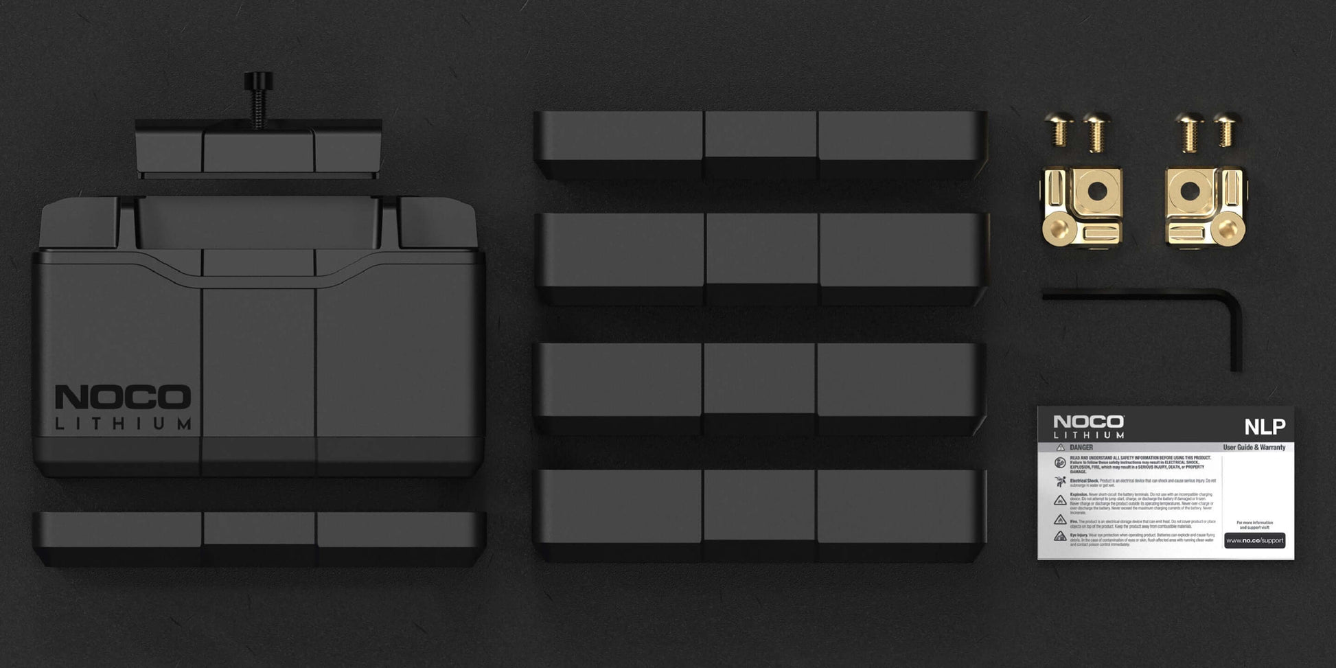 NOCO Group 14 12V Lithium Powersports Battery Kit from Cabin Depot with brackets and installation instructions.