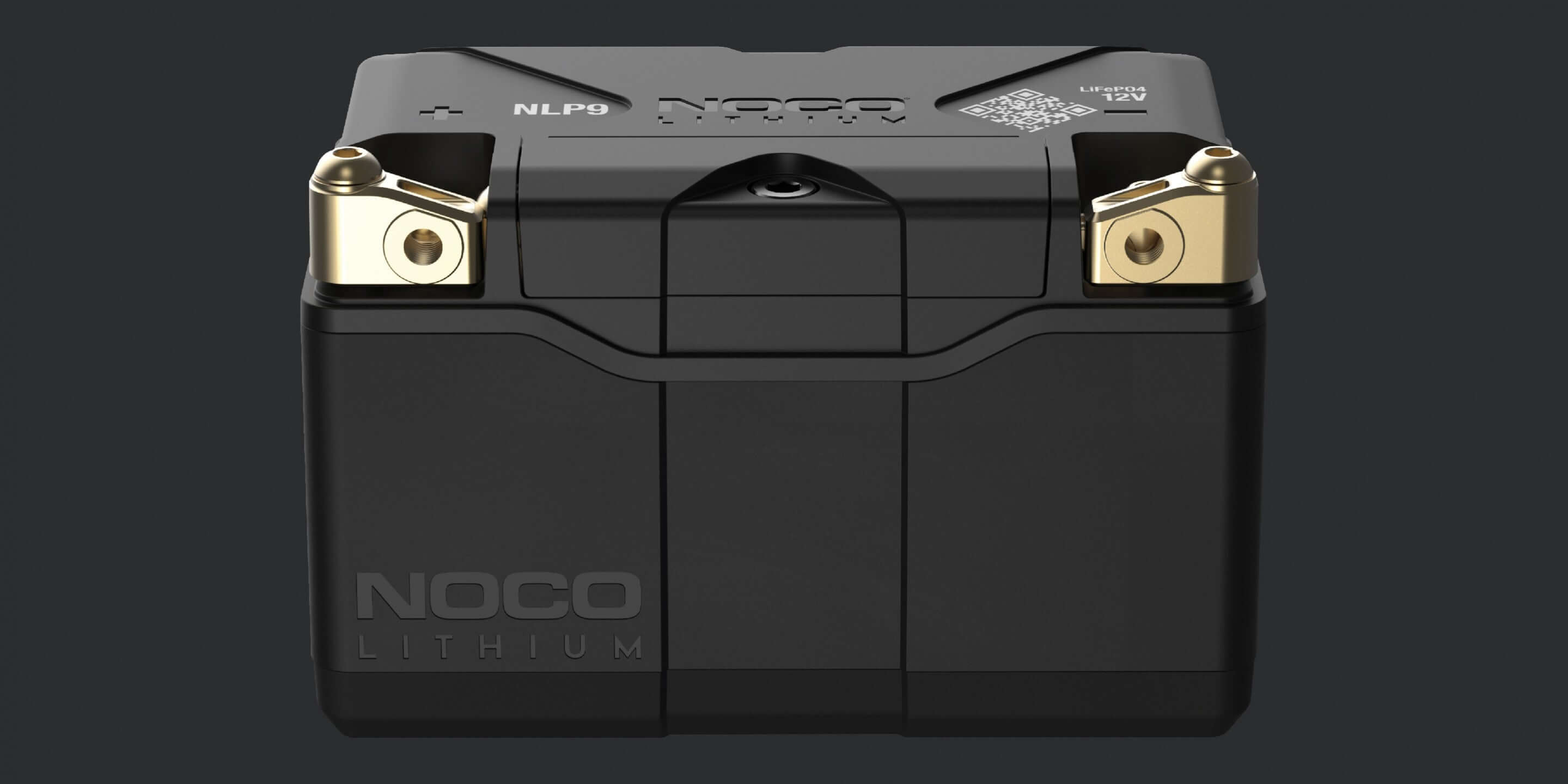 Alt Tag: NOCO Group 9 Lithium Powersports Battery from Cabin Depot, 400A, no maintenance needed, fully charged, front view