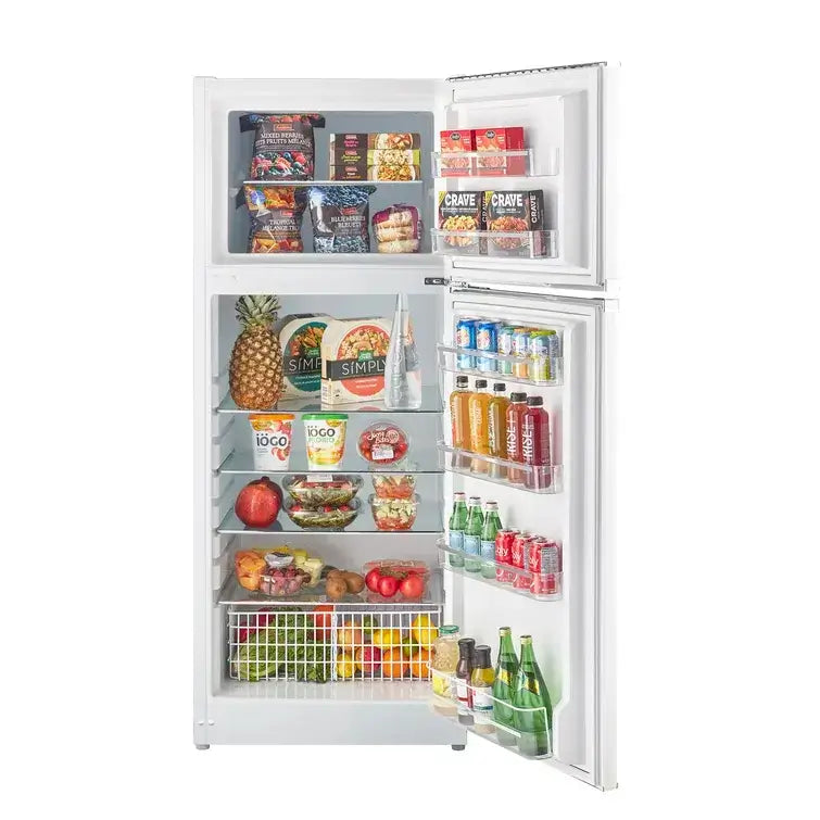 Classic Retro Solar DC Fridge with open doors showing storage, by Cabin Depot. Energy-efficient 14 cu/ft design ideal for off-grid living.