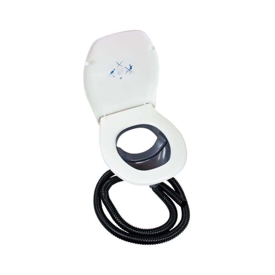 Separett Privy 501 Outhouse Kit with urine-separation for cabins, available at Cabin Depot, top view with standard toilet seat and hose.