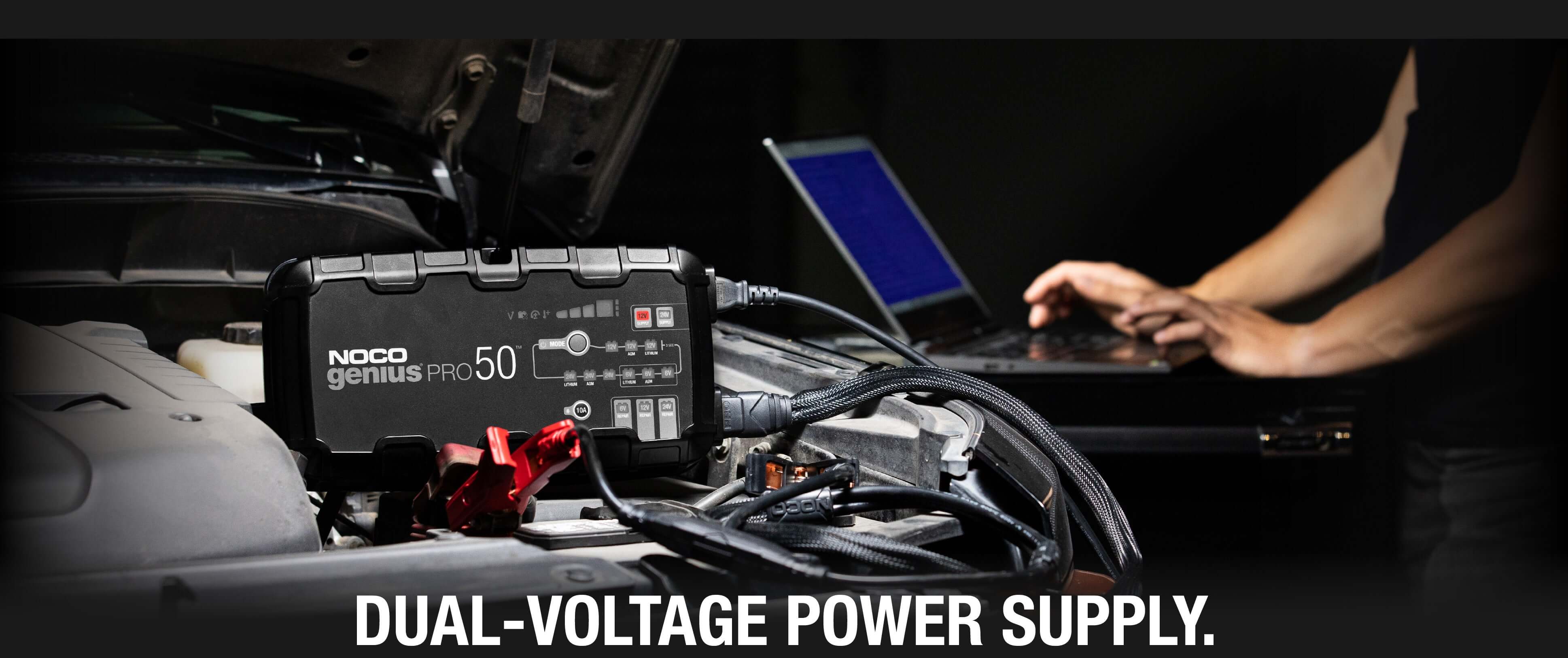 NOCO GENIUSPRO50 50A battery charger with dual-voltage supply, ideal for automotive and marine use - available at Cabin Depot