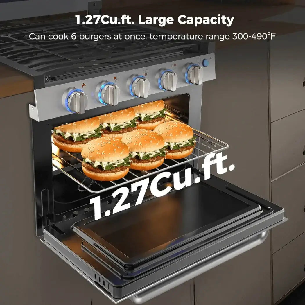 Camplux 3 Burner Gas Cooktop with 1.27 cu ft Oven, Cooking Six Burgers, Available at Cabin Depot