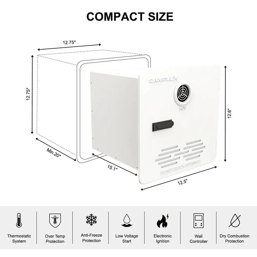 Compact Camplux RV Tankless Water Heater with remote control, ideal for off-grid cabins. Available at Cabin Depot. Dimensions: 12.75" x 12.67" x 15.1".